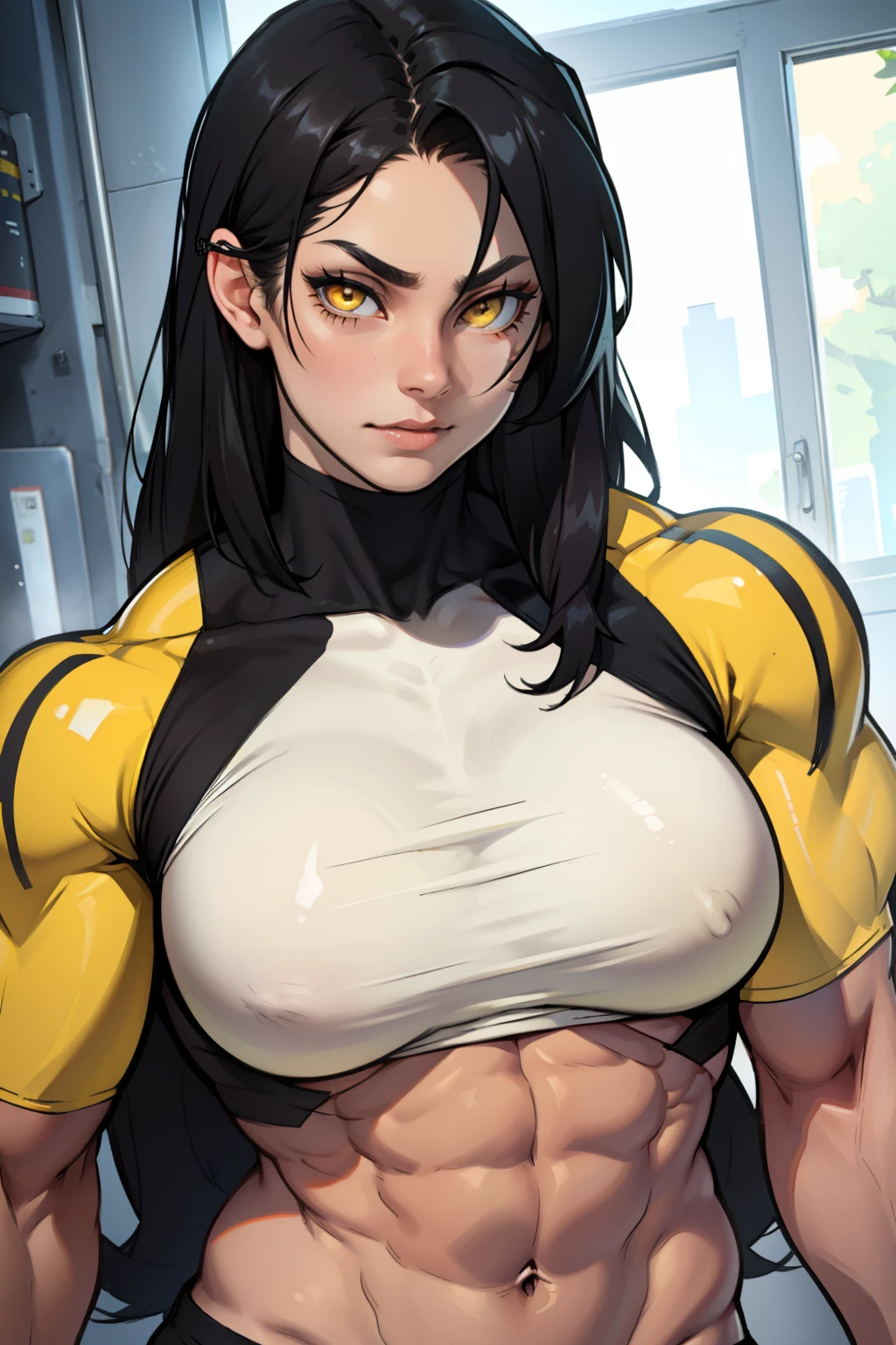 ((((1girl muscular)))) ((toned body)) black hair yellow eyes pale skin (straight hair) large breasts