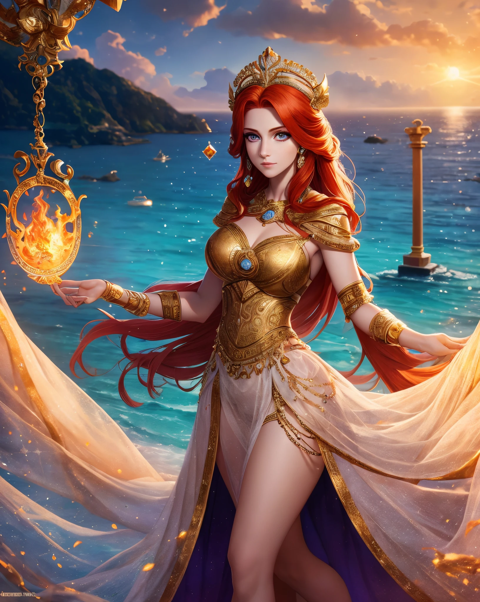 (absurd, high quality, super detailed to hand), horoscope - goddess Aries, resembling the face of Latin kindness, bravery, willfulness, productive, enterprising and humanitarian, sunset redhead, ancient Greek costume, transparent dress, ocean in the background, full body, crystal fire eyes (eye detailed), powerful appearance of power