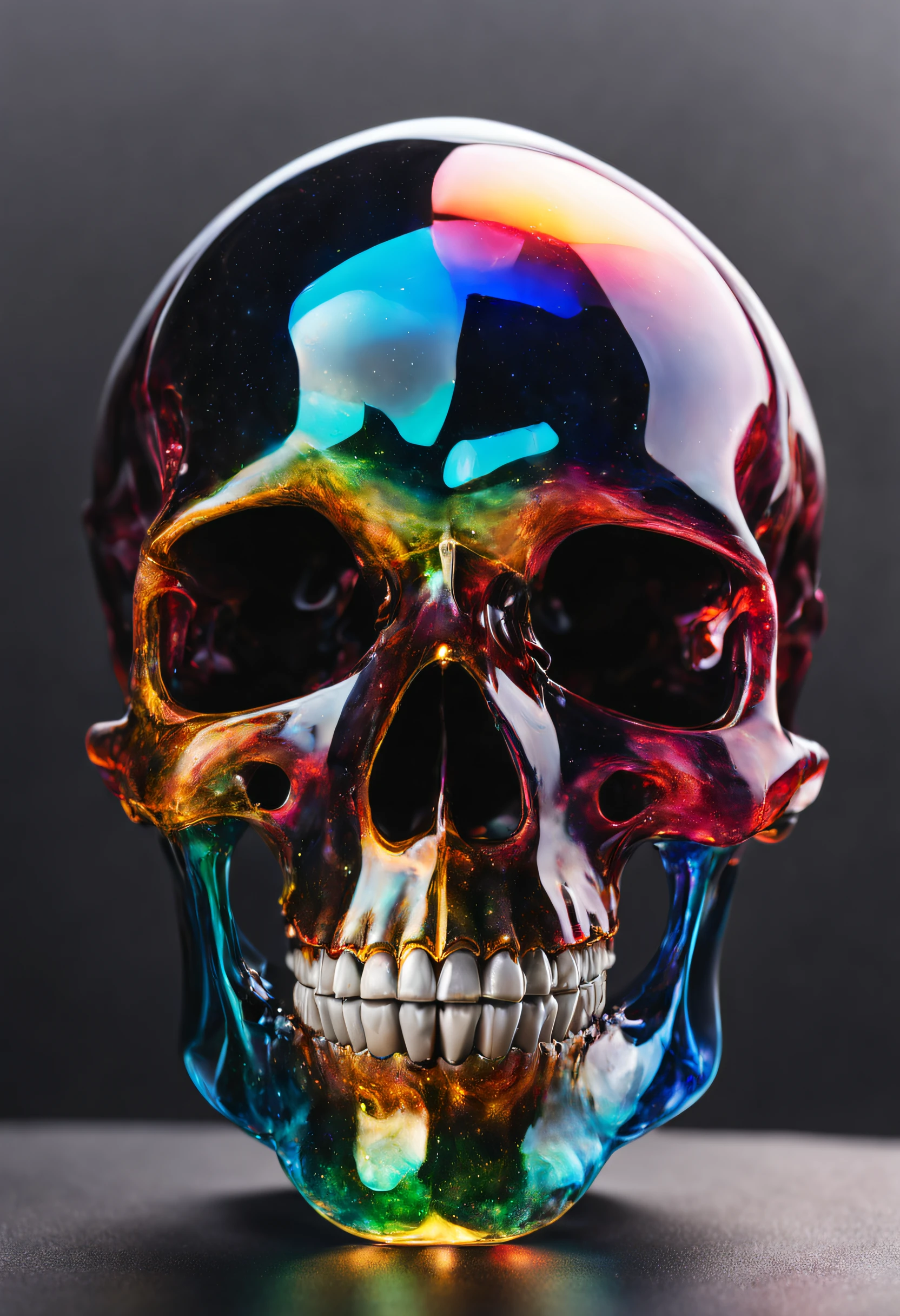 A realistic colored glass skull, beautiful and detailed. Which explodes when falling to the ground, the projections are textured like colorful dust