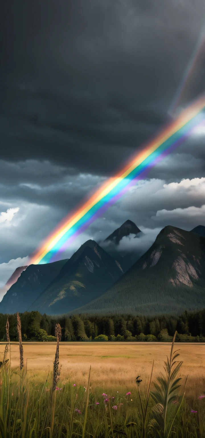 Bats close-up, picture summer, the sky is black with clouds,  Wide angle, (grass), mountains, rainbow,  letho, Cloud, Calm , fresh air, Depth of field