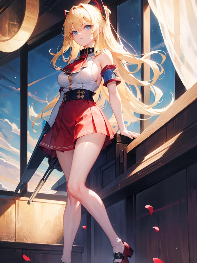 Seras Viktoria, Red top ,1girl , Red skirt, beach, masterpiece, medium , good Athonomy , indoors, library, detailed, lifts her skirt