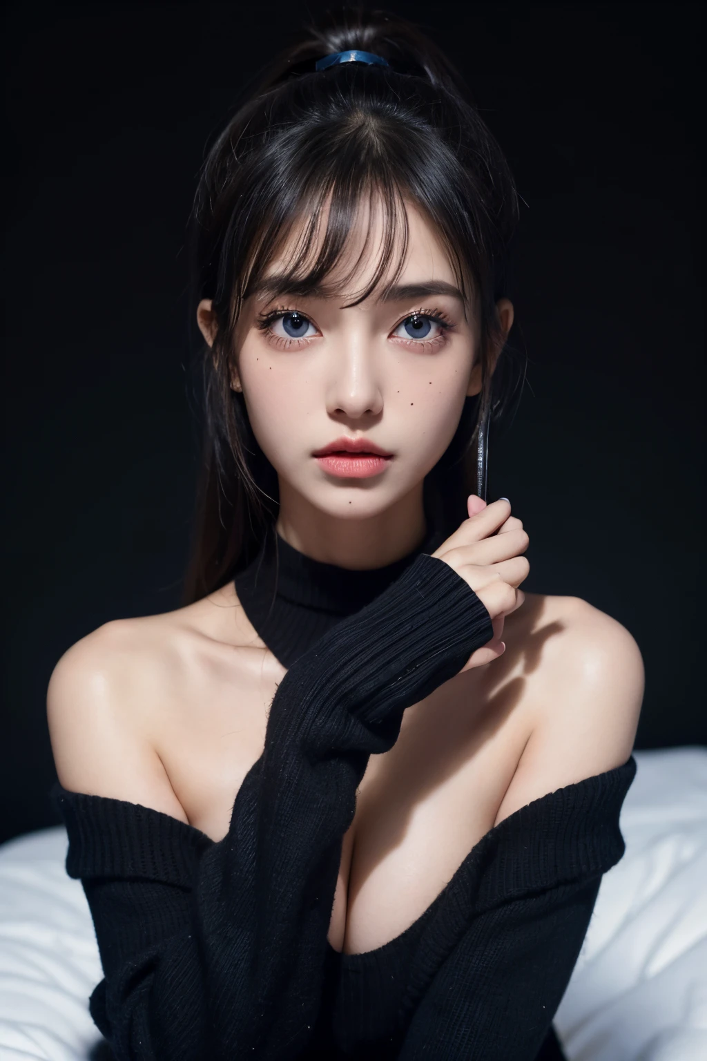 1girl, black sweater, looking at viewer, off shoulder, Big breasts, Exposed cleavage, blue Eyes, sharp face, sharp eyes, long bangs, nsfw, Moles under the eyes, Mole on the mouth, Dark background, perfect glossy shiny skins, pony tail,