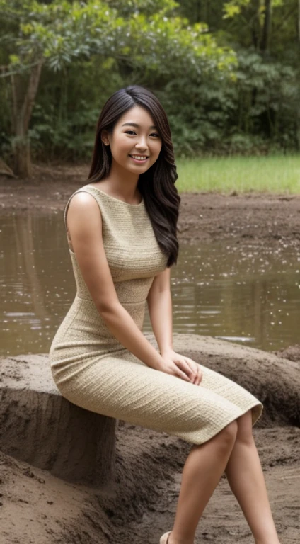 full body portrait, photorealistic, slender woman, gorgeous Asian face, wearing textured pencil dress, [lovely smile], [sitting], [[watching mud fight]]