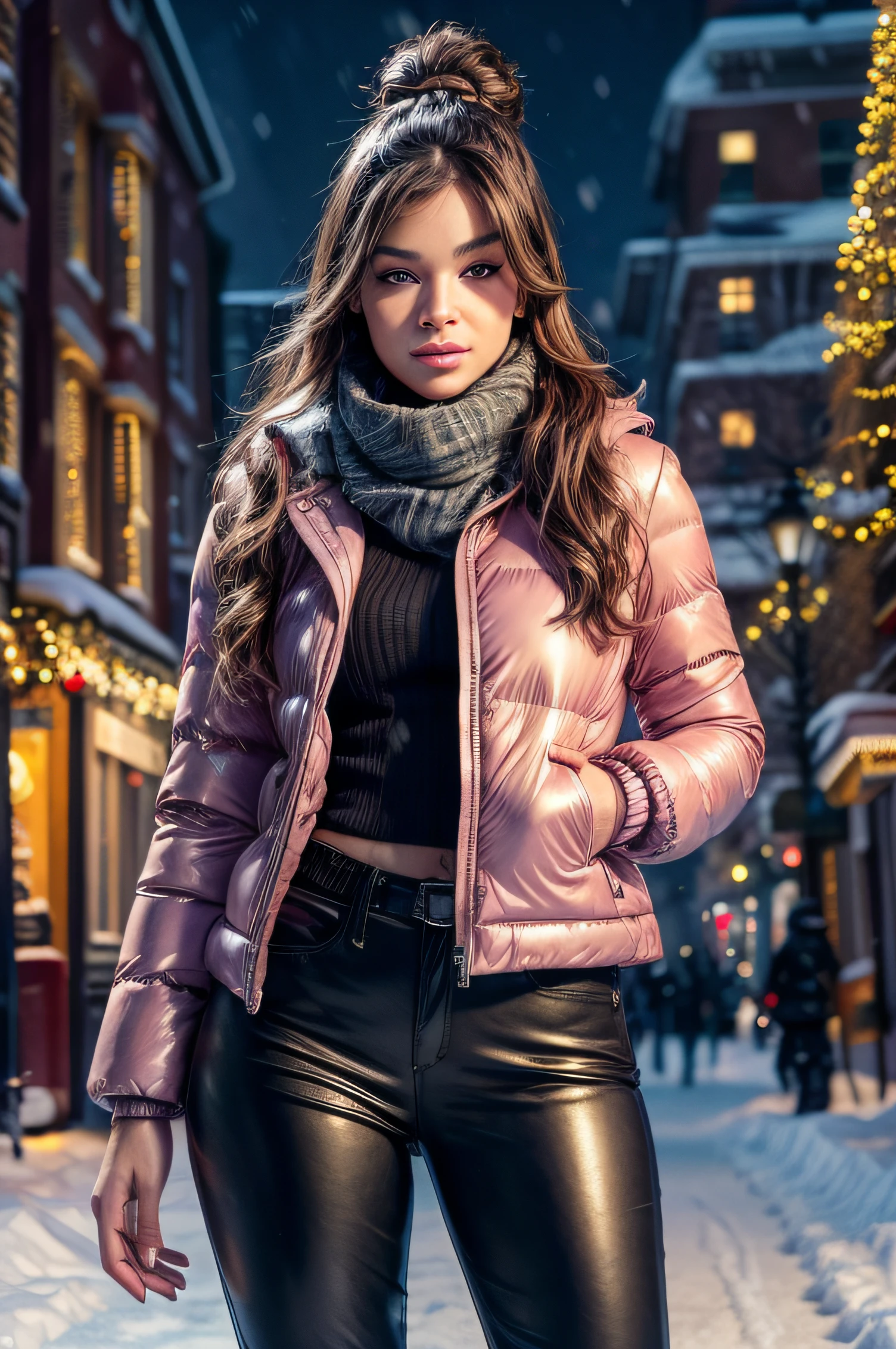 photorealism, a beautiful woman, pink puffer down jacket and leather pants, winter scarf, beautiful realistic eyes; fantastic face, beautiful look, warm dreamy lighting, white background, volumetric lighting, city street with christmas decorations at night, many christmas lights in background, light snowfall, lush vivid colors, twilight, wet gouache