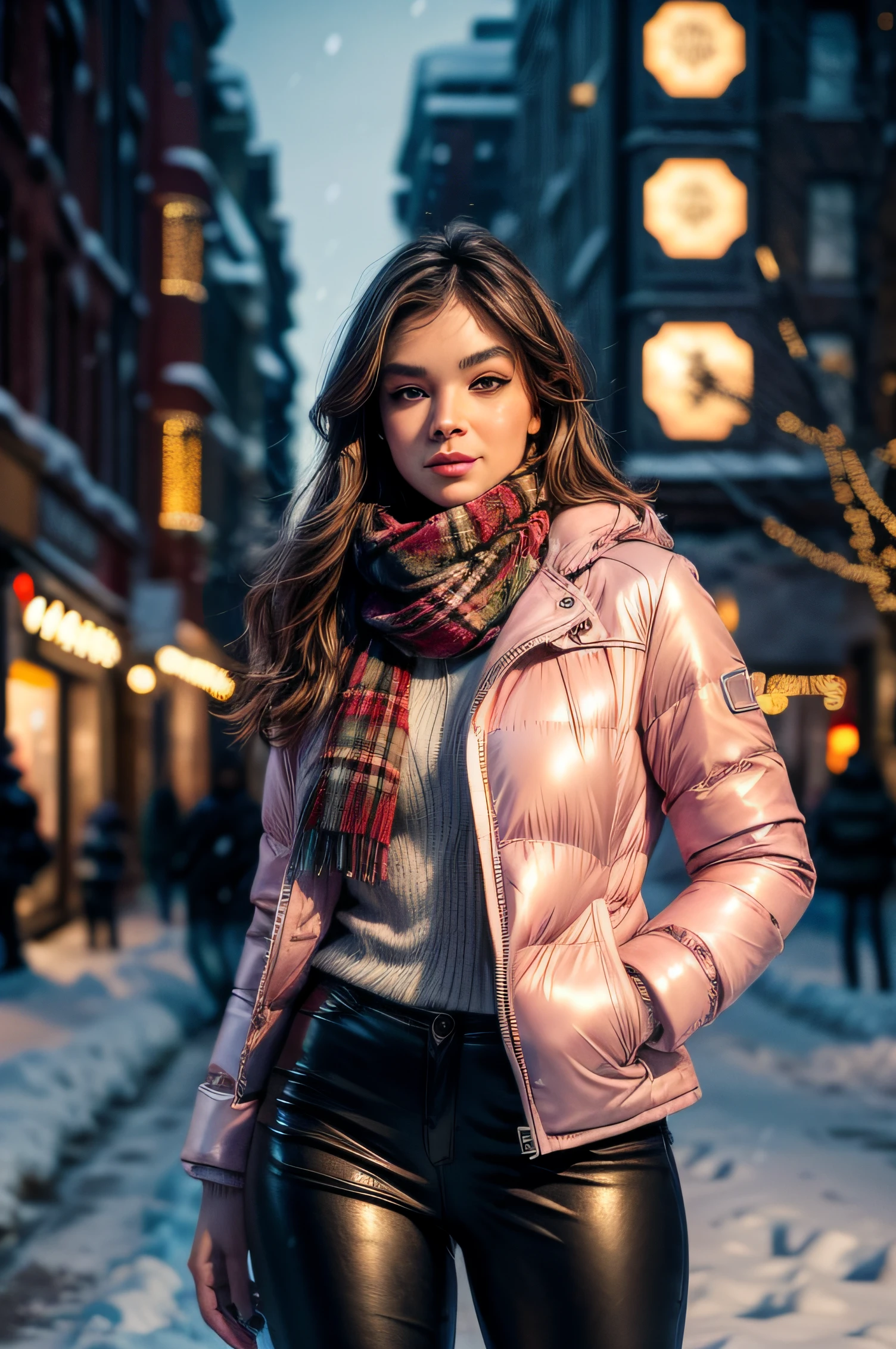 photorealism, a beautiful woman, pink puffer down jacket and leather pants, winter scarf, beautiful realistic eyes; fantastic face, beautiful look, warm dreamy lighting, white background, volumetric lighting, city street with christmas decorations at night, many christmas lights in background, light snowfall, lush vivid colors, twilight, wet gouache