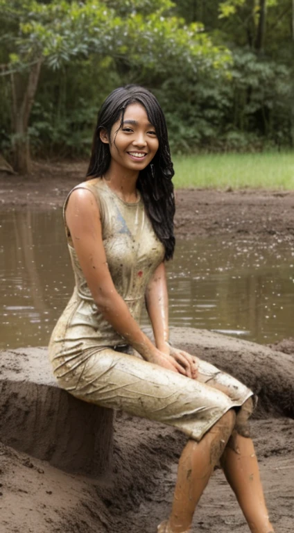 slender woman, (gorgeous Asian face), wearing textured pencil dress, [lovely smile], [sitting], ((soaked)), ((mud fight)), ((messy mud stains)), ((smeared with mud)), (covered with mud), (covered in mud), covered in dirt, covered in filth, utterly muddied, muddy, sticky mud stains, (((smeared with thick black liquid mud))), wet mud, gooey mud, dark mud, (((mud splatters))), (doused with mud), (drenched with mud)