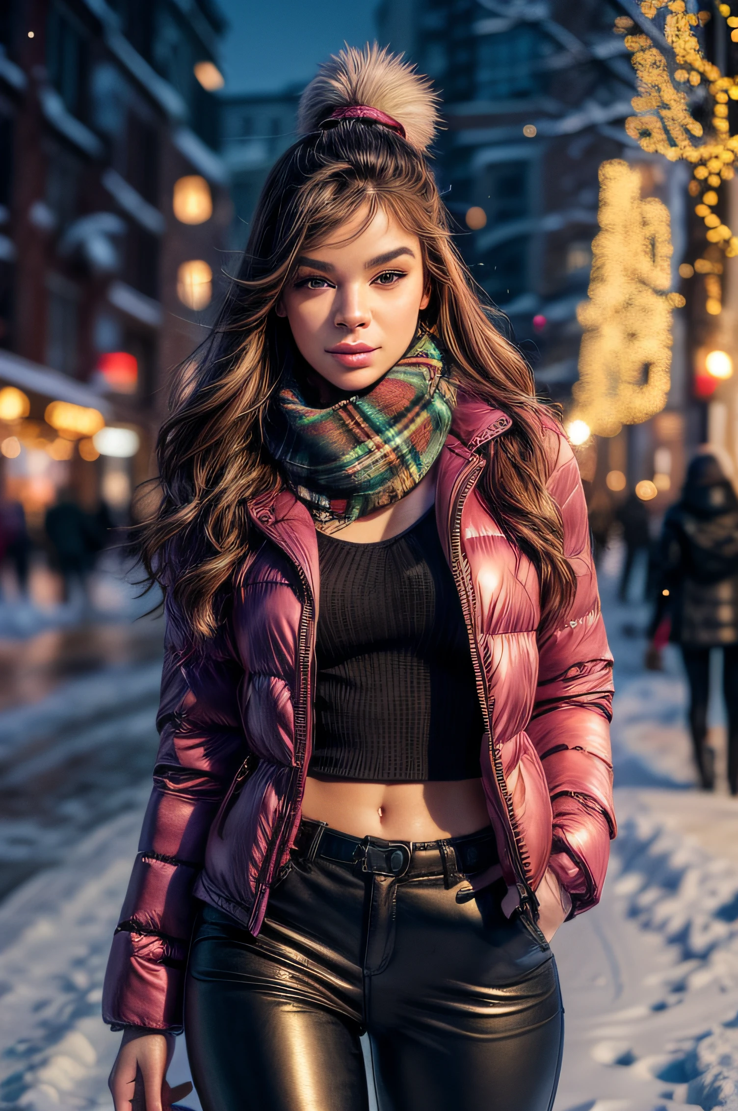 photorealism, a beautiful woman, pink puffer down jacket and leather pants, winter scarf, beautiful realistic eyes; fantastic face, beautiful look, warm dreamy lighting, white background, volumetric lighting, city street with christmas decorations at night, many christmas lights in background, light snowfall, lush vivid colors, twilight, wet gouache