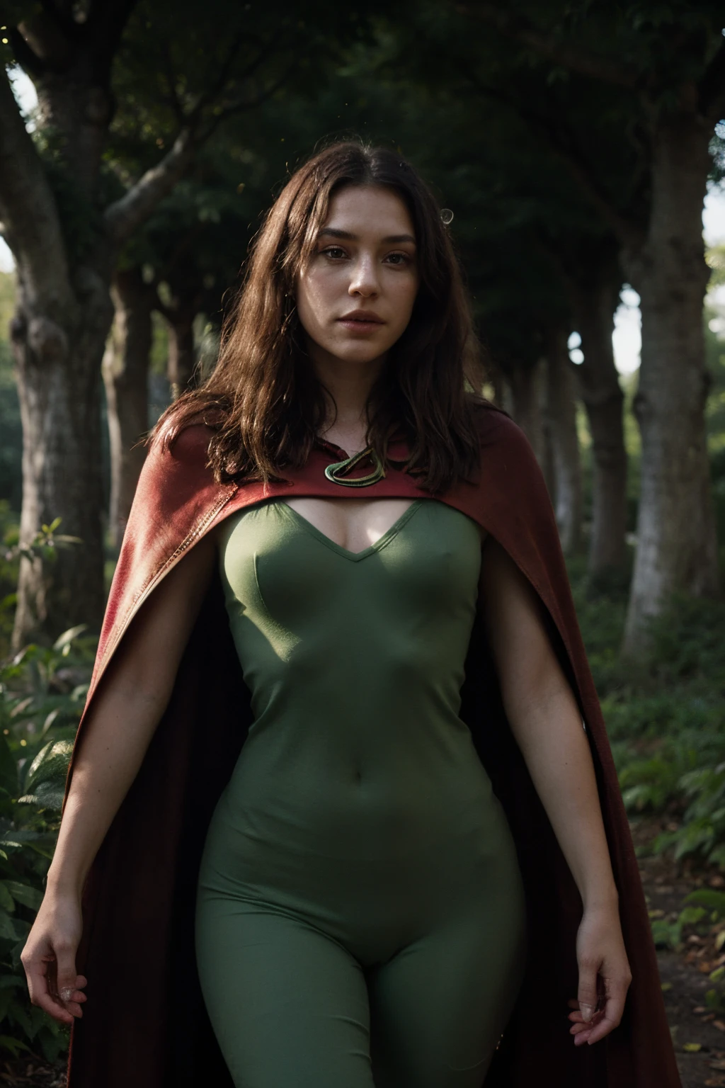 Photo of a Spotify expert wizard with green skin wearing a red cape in a cyber forest