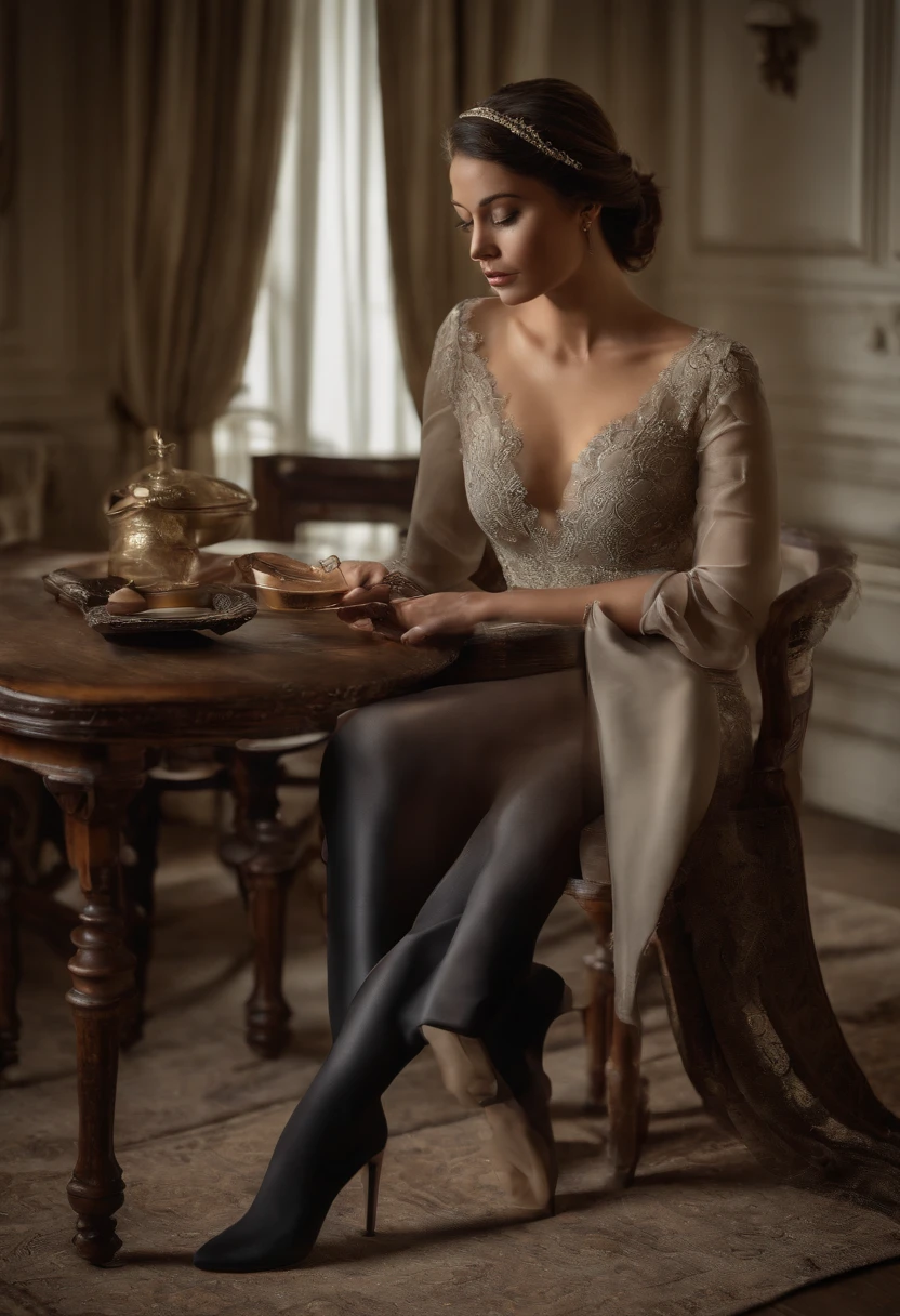 (best quality, realistic), opaque black tights, elegant pointed toes, delicate lace pattern, slender ankles, silky smooth texture, graceful arches, beautifully manicured toenails, subtle shine, lifelike skin tones, light casting shadows, studio lighting, meticulous attention to detail, high resolution, vibrant colors, intricate weaving, flawless fabric drape, stunning visual impact