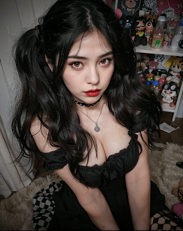 Arafed Woman with long black hair and red lipstick posing for a photo, cruel korean goth girl, 1 7 -  - old h girl, 1 7 - year - anime g girl, con coletas negras, goth girl aesthetic, pale goth beauty, goth girl, ulzzang, Chica de anime en la vida real, Dreamy goth girl, Cabello negro Hime cortado