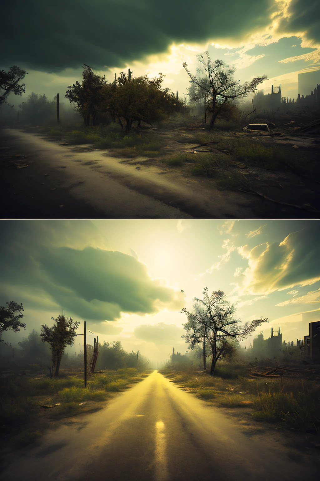 (best quality,4k,8k,highres,masterpiece:1.2),ultra-detailed,(realistic,photorealistic,photo-realistic:1.37),desolate world,vast landscape,lonely atmosphere,faded colors,deteriorating buildings,dust-filled air,abandoned streets,overgrown vegetation,silence,deserted cars,crumbling infrastructure,hauntingly quiet city,broken windows,decaying urban environment,dilapidated architecture,dreary mood,solitary figure in distance,ominous sky,lost hope,post-apocalyptic,ruined civilization,distant echoes,uninhabited land,rustic remnants,overcast weather,eerie stillness,dystopian setting,echoes of past,deserted city streets,sunlight filtering through cracks,isolated existence,unpopulated world,ghostly presence,remnants of a bygone era,quiet despair.