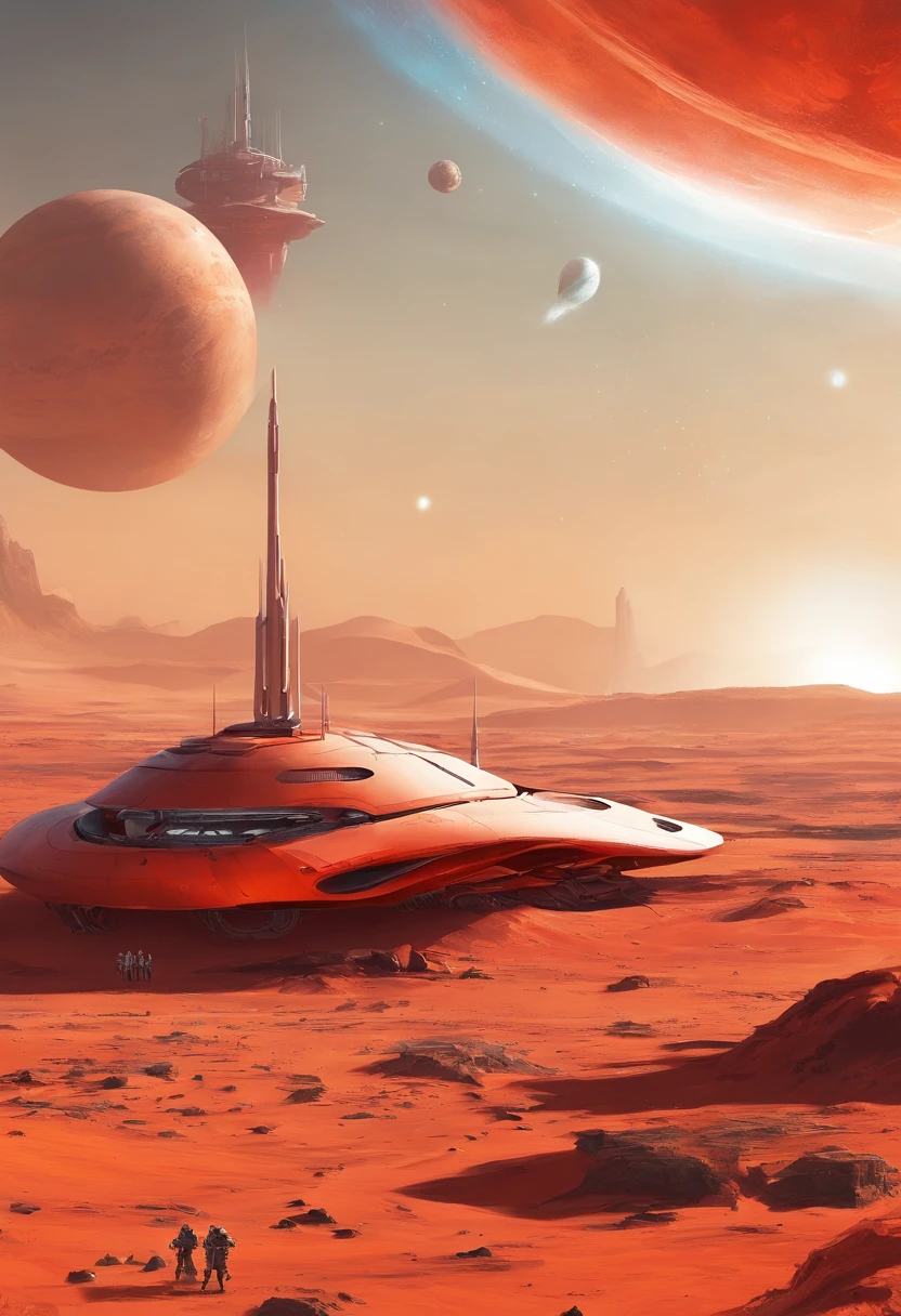 stranded spaceship, deserted red planet, "airbrush art" and warm colors and then inspired by [chriss foss]