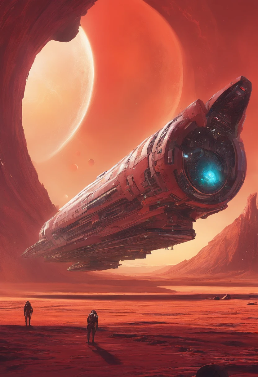 stranded spaceship, deserted red planet, "airbrush art" and warm colors and then inspired by [chriss foss]