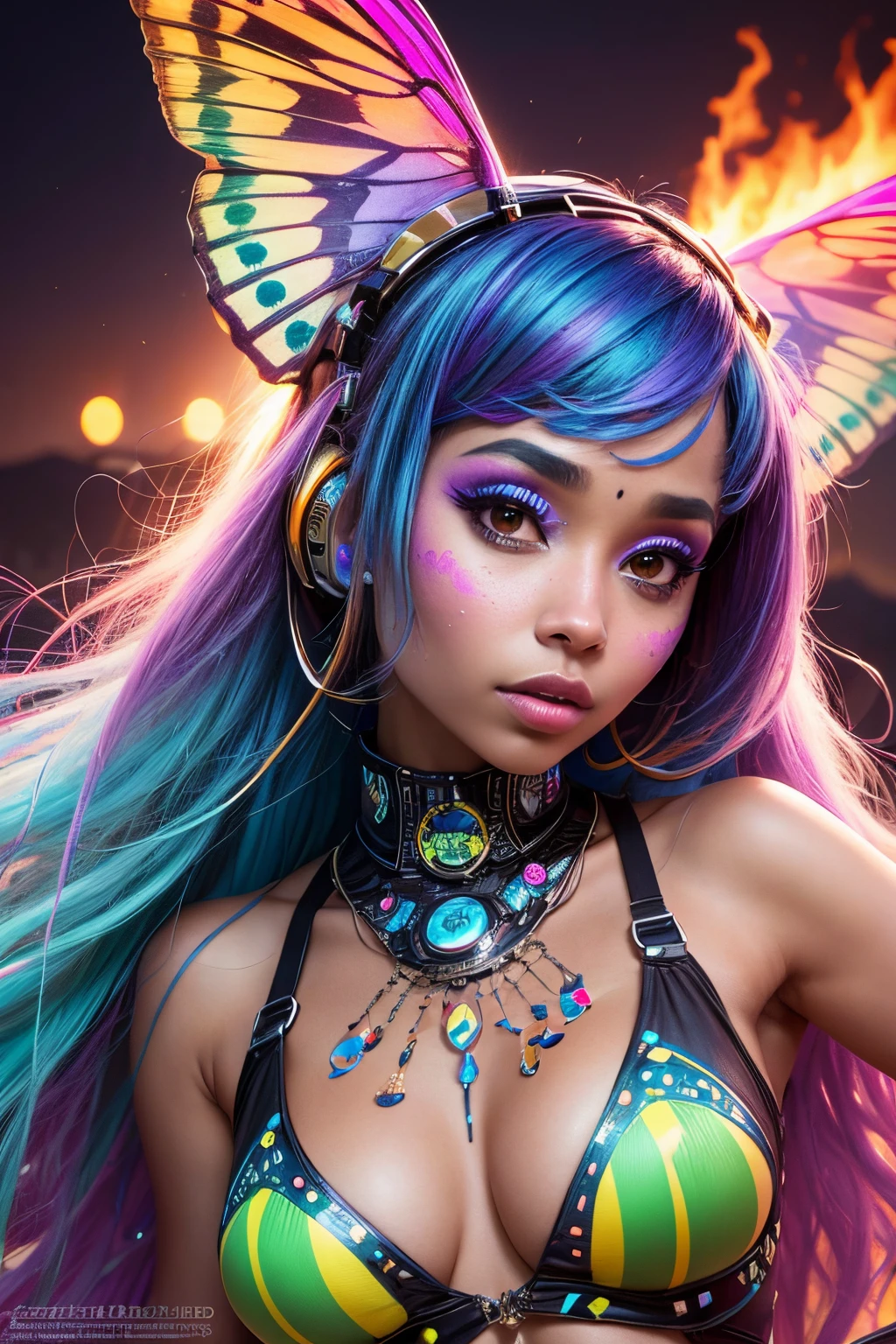 (NSFW:1.5)araffe with long hair and a butterfly wings on a beach, showing perfect huge breasts, style blend of burning man, doja cat, bold rave outfit, wild rave outfit, rave inspired, rave outfit, afrofuturism style, raver girl, burning man, burning man nevada, festival vibes, zoe kravitz futuristic astronaut, iridescent fractal headdress, cute rave outfit