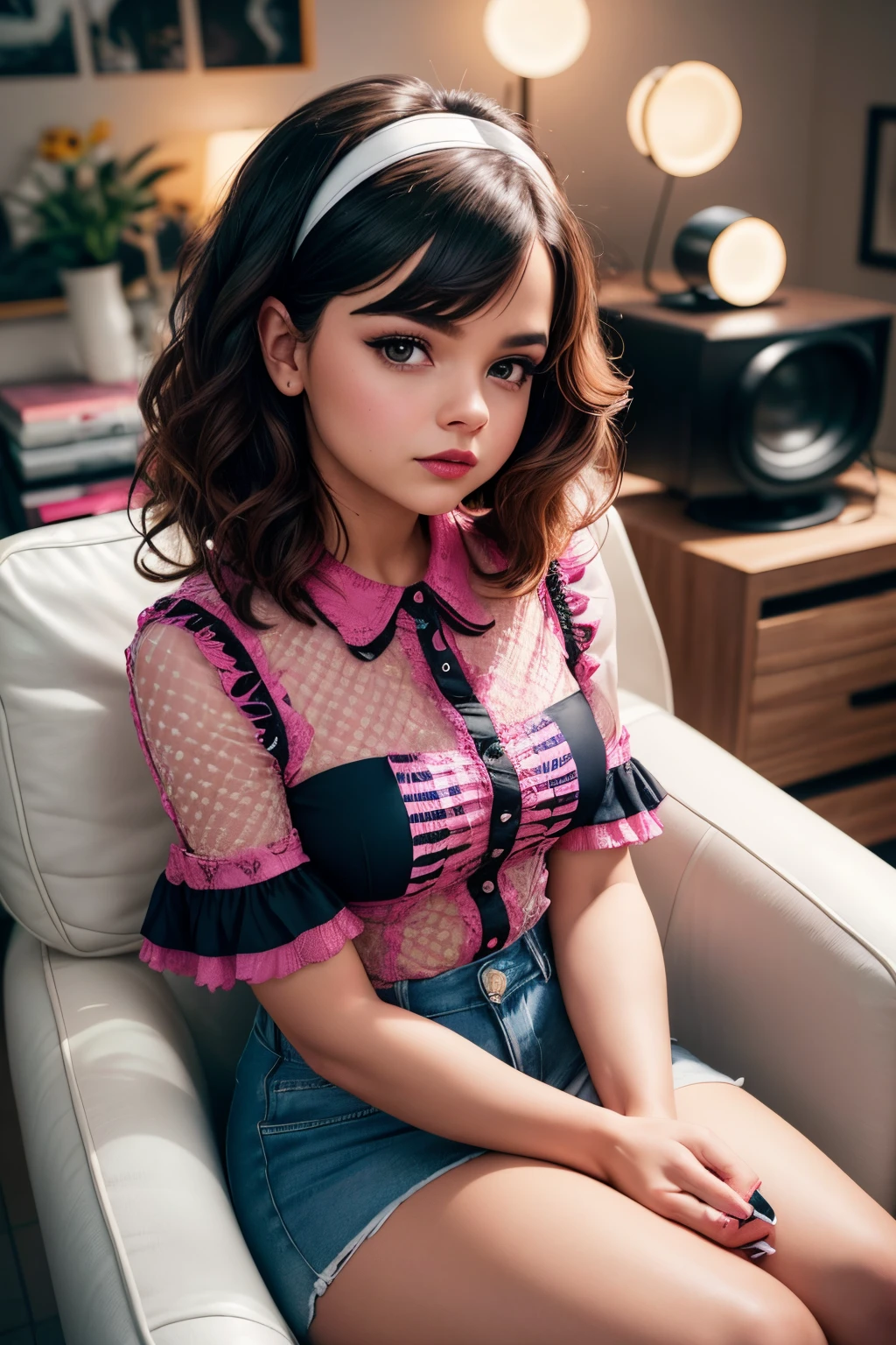 araffed woman sitting on a chair in front of a television, style of julia razumova, inspired by Gina Pellón, by Emma Andijewska, isabela moner, joey king, looking cute, photoshoot, in the glamour style, with professional makeup, by Olivia Peguero, on set, 💋 💄 👠 👗