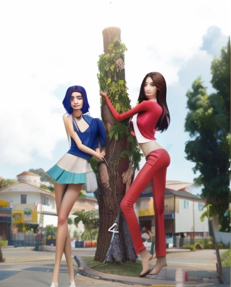 there are two women standing next to a tree on a street, rotoscopia, arte digital dos desenhos animados, rotoscopia, Arte Digital. @mariomaniacdude, desenho animado de arte digital, imagem de arte digital, stylized digital illustration, dancing on a pole, Duas meninas, duas figuras magras, Avatar do Second Life, modelagem para dulce e gabanna, pintura digital dos desenhos animados