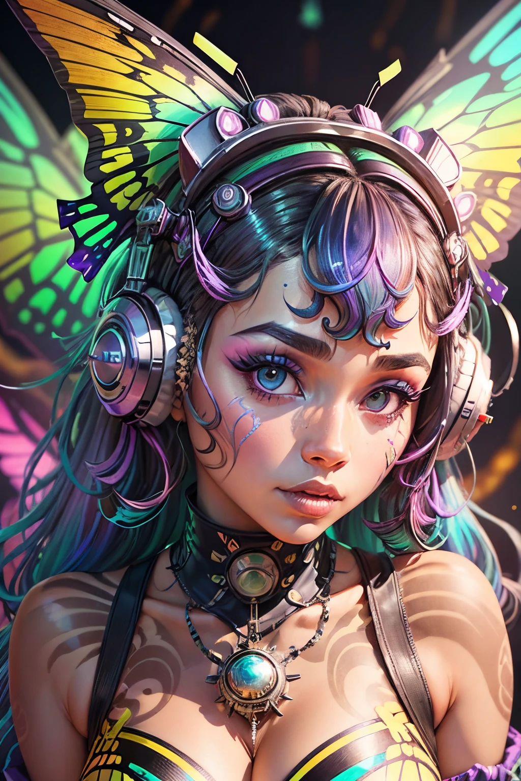 araffe with long hair and a butterfly wings on a beach, style blend of burning man, doja cat, bold rave outfit, wild rave outfit, rave inspired, rave outfit, afrofuturism style, raver girl, burning man, burning man nevada, festival vibes, zoe kravitz futuristic astronaut, iridescent fractal headdress, cute rave outfit