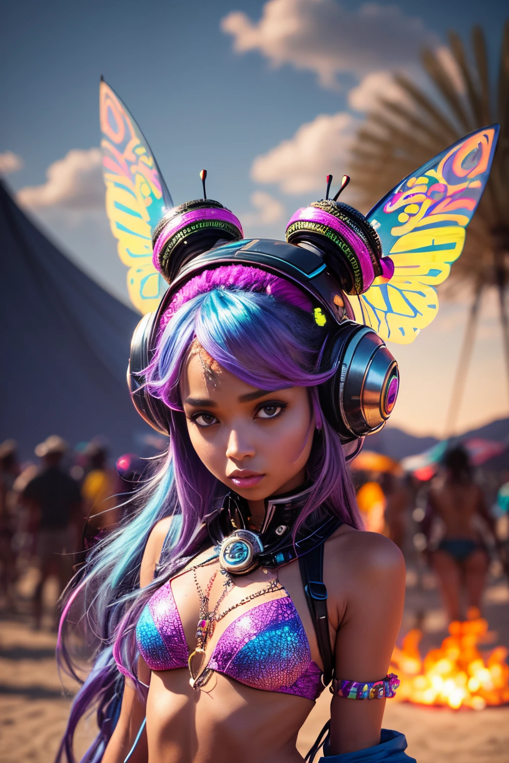 araffe with long hair and a butterfly wings on a beach, style blend of burning man, doja cat, bold rave outfit, wild rave outfit, rave inspired, rave outfit, afrofuturism style, raver girl, burning man, burning man nevada, festival vibes, zoe kravitz futuristic astronaut, iridescent fractal headdress, cute rave outfit