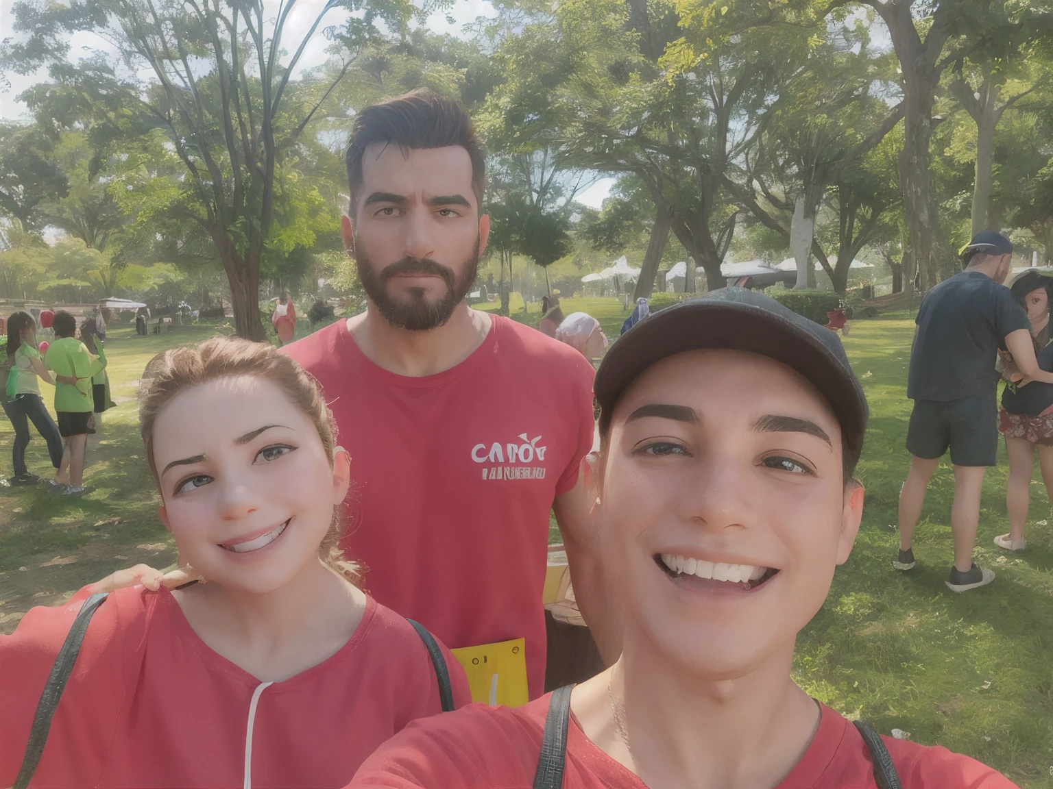 Homem e duas mulheres de camisas vermelhas no parque