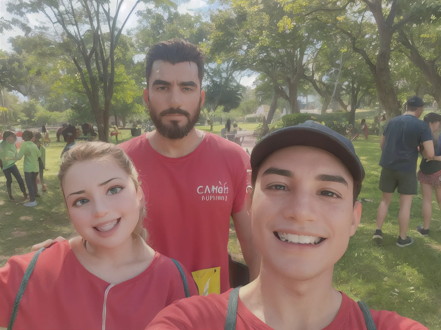 Homem e duas mulheres de camisas vermelhas no parque