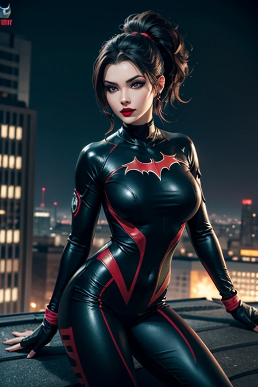 European woman on a roof, gotham city, 30 years old, Acrobatic pose, ninja suit with hero emblem, mask on face, Dark hair, red lips, Eye shadow, slutty makeup, Ponytails ,big breasts,Second Life Avatar, Beautiful screenshot, Second Life,attractive woman, high quality, highly detailed skin