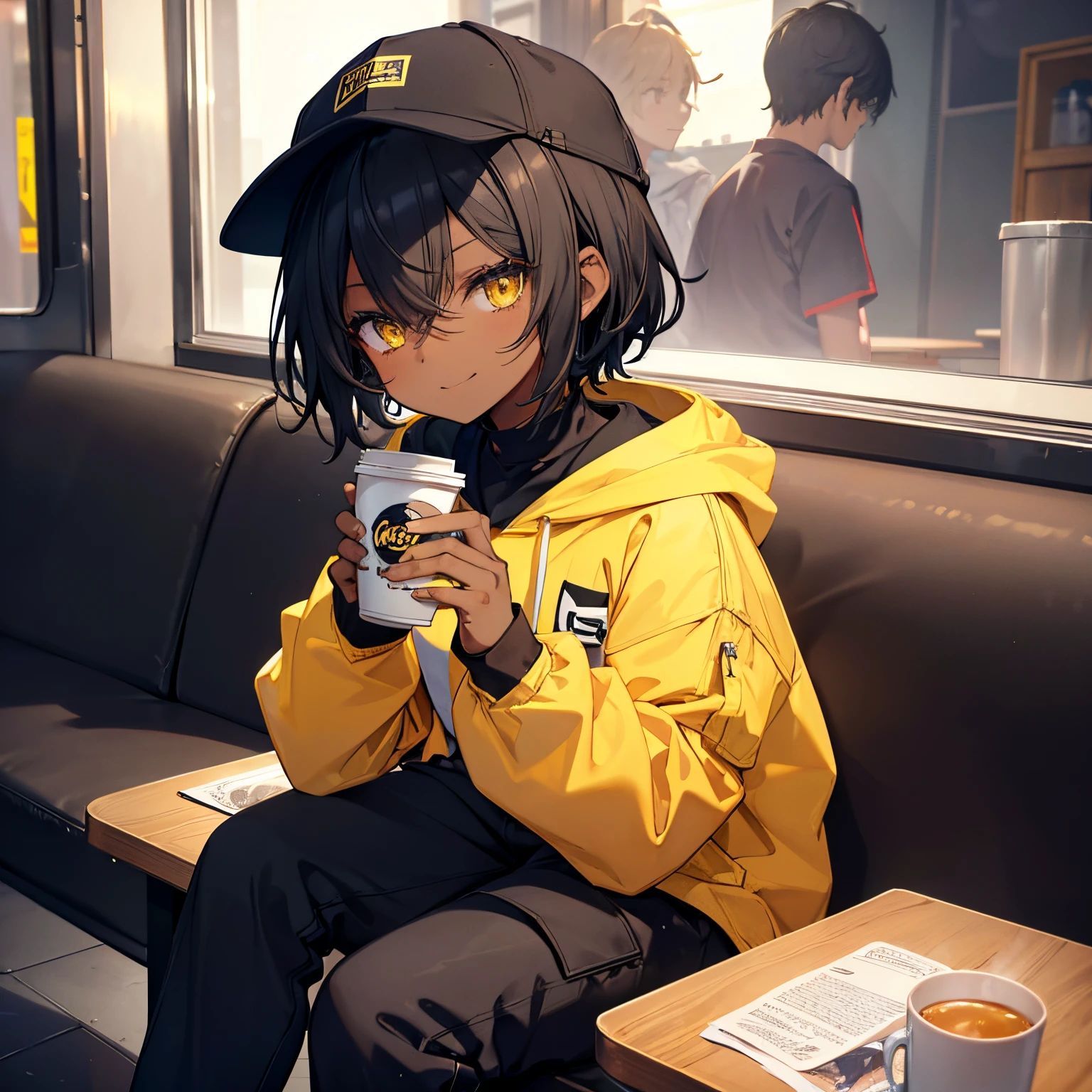 (masterpiece), (top-quality), dark skin, little girl, Lori, short hair, hair between eyes, black hair, indoors, yellow eyes, sitting, diner, holding a takeaway cup in hand, white hoodie, black cargo pants, cap, smirk