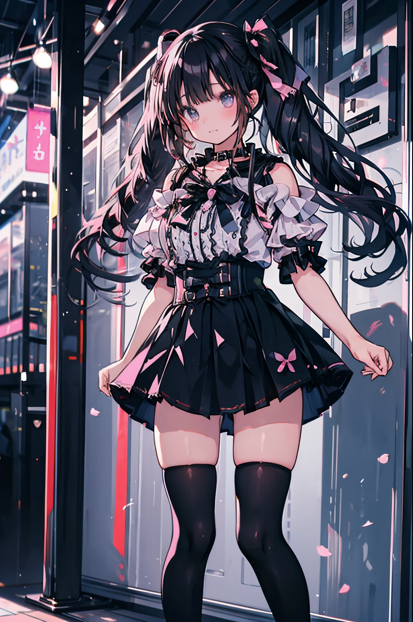 one Japanese girl,jirai kei,thighhighs, skirt, black hair, twintails, pink skirt, collar, bow, black thighhighs, black footwear,black bow, long hair, pink bow, hair bow, spiked collar,