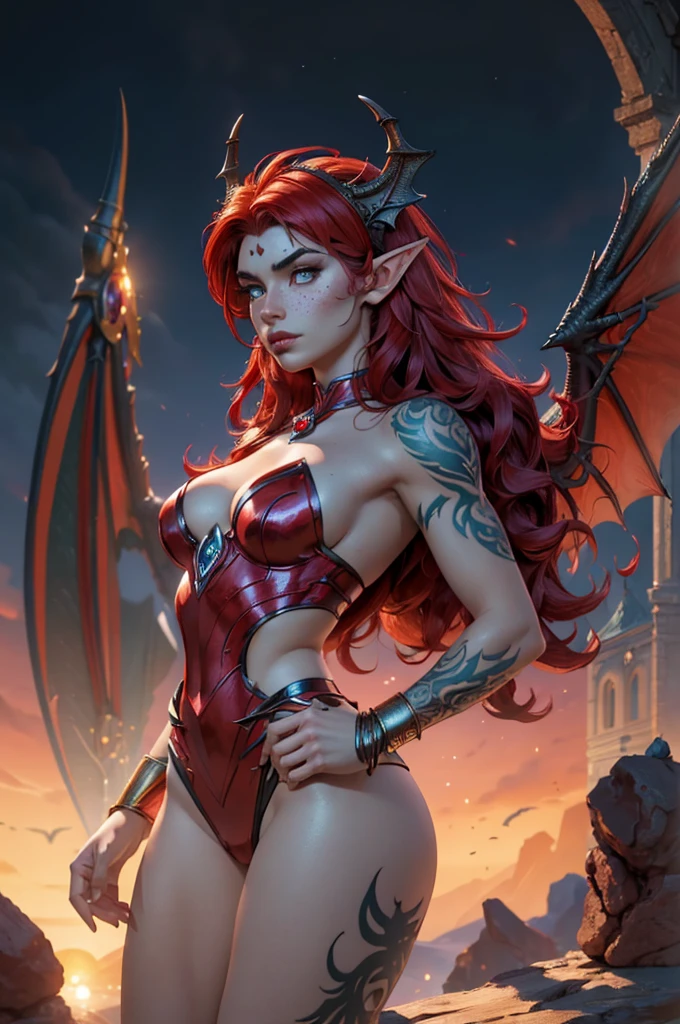 hyper realistic, ultra detailed full body photograph of a beautiful dragon woman, attractive ((Red ruby:1.25)), crimisson blood colored hair, tribal fashion, blue color dragon eyes, shiny scales on hands, 2 dragon wings on back, elf ears, full body, mystical body tattoos, cover, Garments design has a harmonious dragon leather aesthetic, back looking over shoulder pose, sunlight fractal details, (Anna Steinbauer:1.5), low angle view, depth of field, HOF, hall of fame, detailed gorgeous face, apocalyptic environment, natural body posture, professional photographer, captured with professional DSLR camera, trending on Artstation, 64k, ultra detailed, ultra accurate detailed, bokeh lighting, surrealism, Thomas Kinkade background, urban, ultra unreal engine, ((Pauline Voß)), ((Pascal Quidault)), ((Anna Helme)), Martina Fackova, intricate, epic, freckles, peach fuzz, detailed mascara
