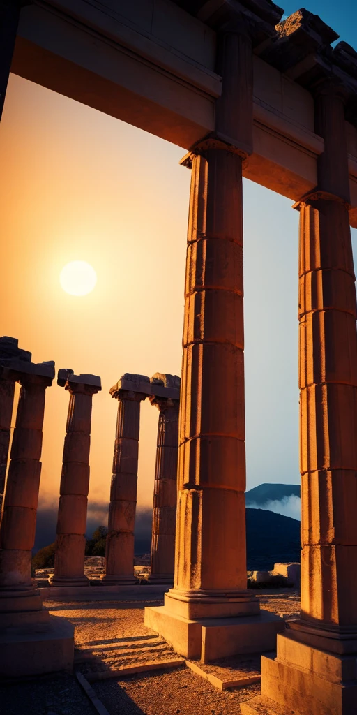 Photo realistic attic Greek island, Delphi, cinematic sunset lighting, fog, crumbling temples