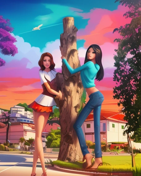there are two women standing next to a tree on a street, rotoscopia, arte digital dos desenhos animados, rotoscopia, arte digital. @mariomaniacdude, desenho animado de arte digital, imagem de arte digital, stylized digital illustration, dancing on a pole, Duas meninas, duas figuras magras, Avatar do Second Life, modelagem para dulce e gabanna, pintura digital dos desenhos animados
