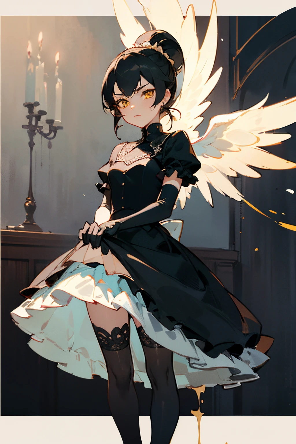 detailed face, detailed golden yellow eyes, angel, perfect hands, from front, 1Girl, Teenager, Young Girl, Teen Girl, Age 21, Small Breasts1Girl, Adult, Mature Female, Average Breasts, sfw, modest, avatar (series), CHAR-F Avatar Series Toph Beifong by Shurik, (black hair:1.2), , gothic lolita intricate (black:1.5) ballgown, , (long frilled elbow gloves, lace thighhighs, high heels:1.15), (updo hair:1.3), Content, Gentle, standing, shy, at a ballroom