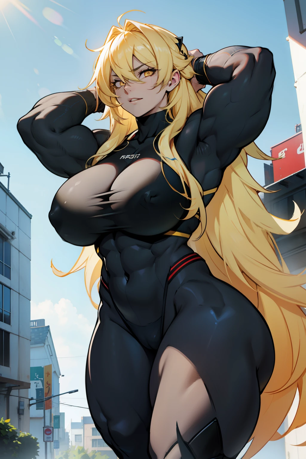 girl huge muscles huge breasts pale skin black long hair yellow eyes hair between eyes