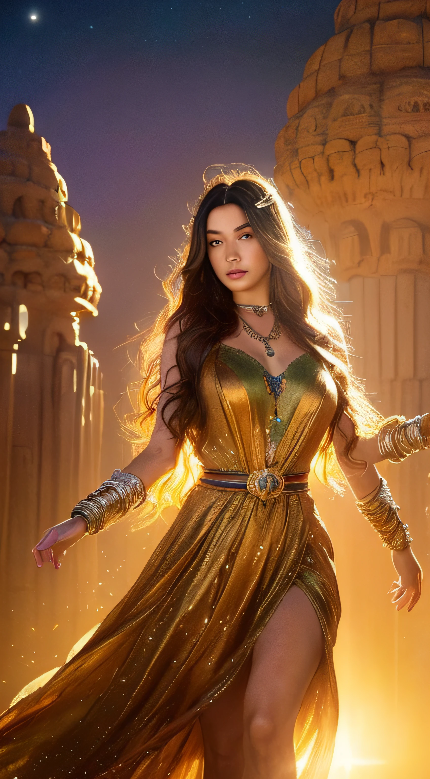 (A beautiful cinematic ornamented female sand goddess, golden dress, glow golden tattoo), (galactic Shaman with Quantum Energy fantasy), fantasy magic, long hairstyle, dark light night, intricate, ethereal, sharp focus, illustration, highly detailed, digital painting, concept art, matte, (art by WLOP), (by Justin Gerard and Jason Edmiston: 1.5), (by Greg Rutkowski: 0.4), (by Alphonse Mucha: 0.4), masterpiece