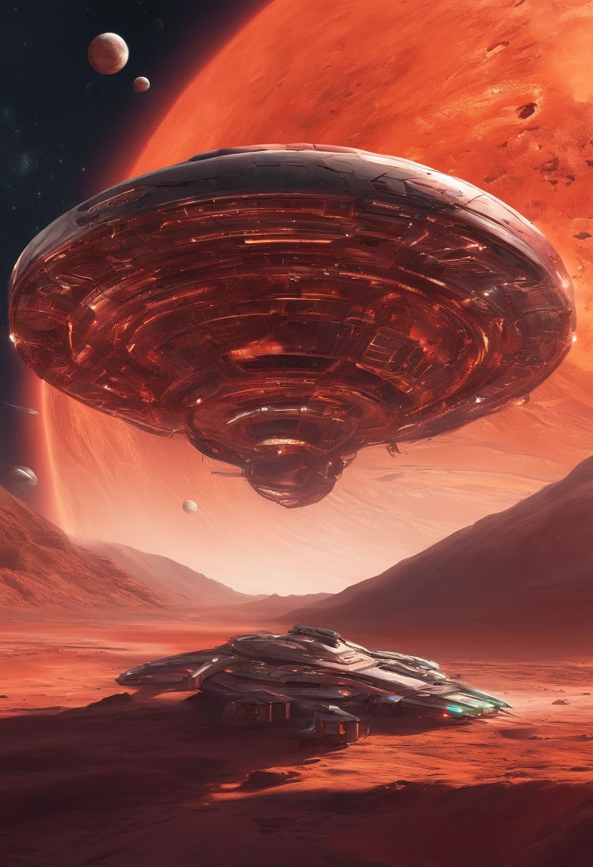 stranded spaceship, deserted red planet, "airbrush art" and warm colors and crome, Alien spaceship and then inspired by Feng Zhu