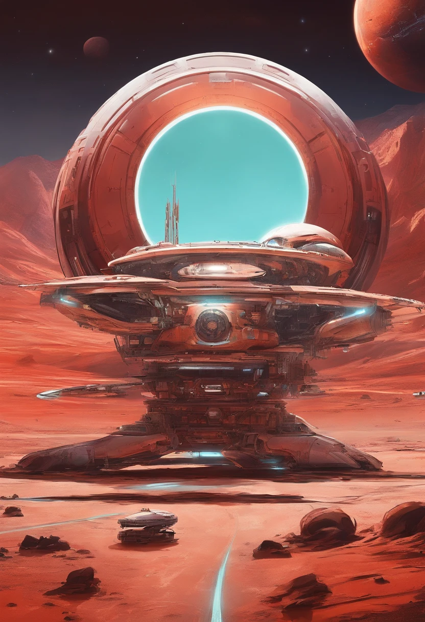 stranded spaceship, deserted red planet, "airbrush art" and warm colors and crome, Alien spaceship and then inspired by Feng Zhu