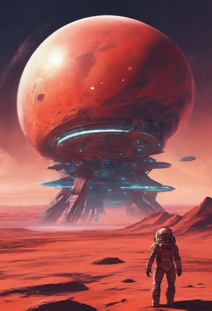 stranded spaceship, deserted red planet, "airbrush art" and warm colors and crome, Alien spaceship and then inspired by Feng Zhu