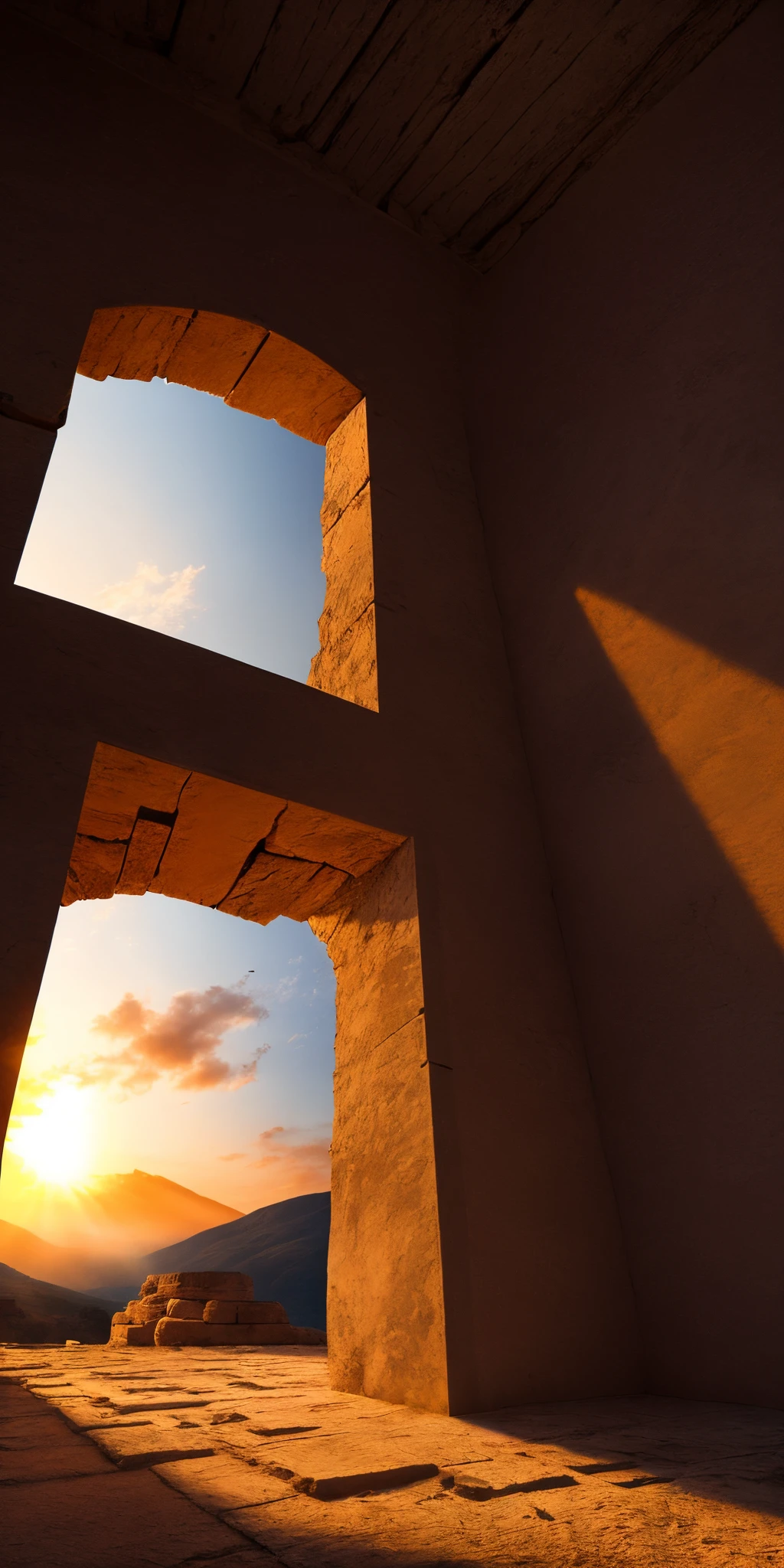 Photo realistic attic Greek island, Delphi, cinematic sunset lighting, fog, crumbling temples