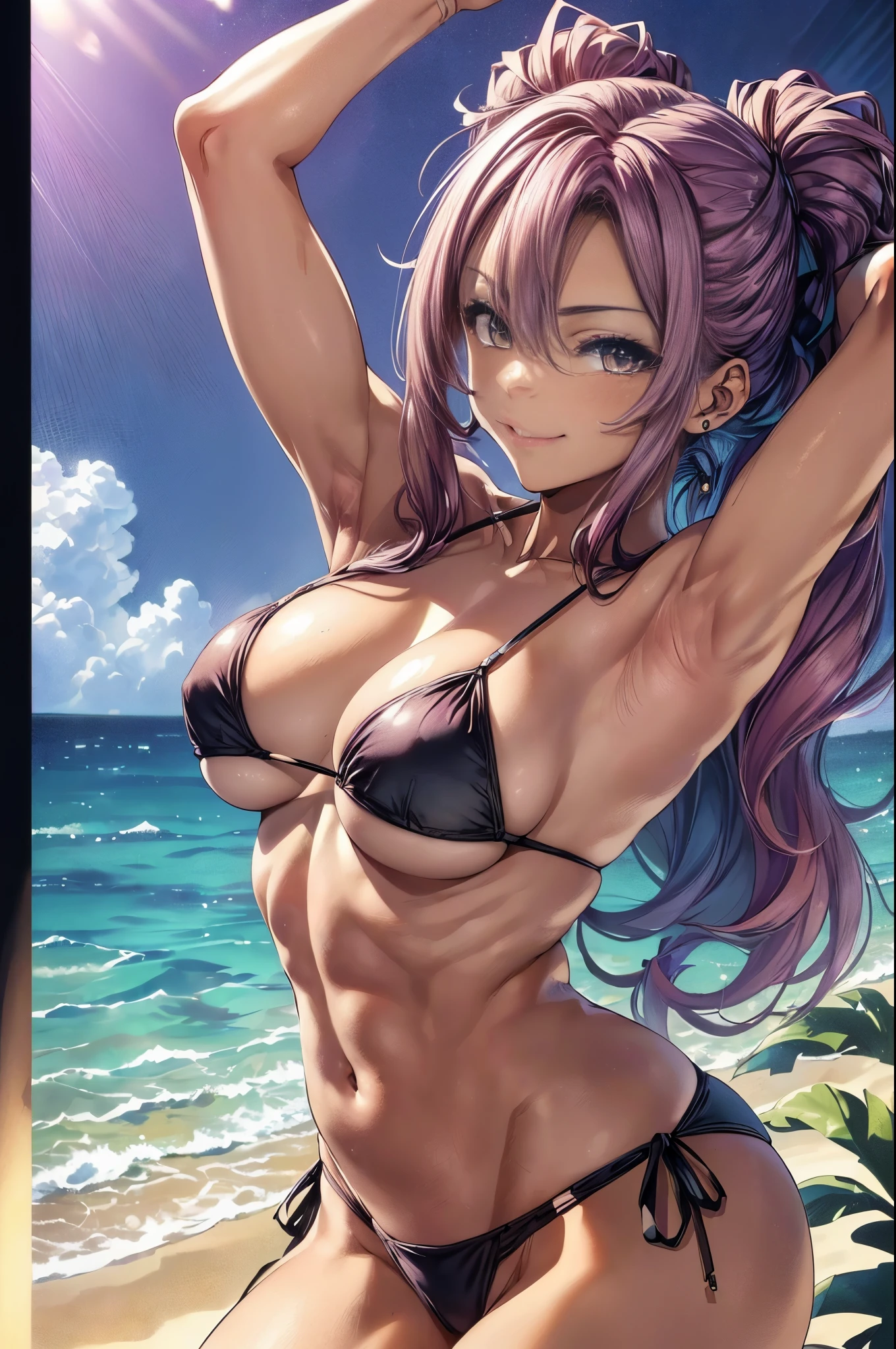 (((peitos do meio))) (((bunda enorme))) linda e fofa senhora, wearing only a black micro bikini, com a calcinha enfiada na bunda, sorridente, na praia com sol forte, (bunda musculosa), (cintura pequena), (bumbum nu), (((Ichika Amasawa))), fitas vermelhas em seu cabelo, ((olhos amarelos brilhantes)), boa anatomia, perfect hands, (((perfeito pernas musculosas) ), ((coxas muito grossas)), cintura fina, muscular abdomen, bare foots, foto de corpo inteiro, (((olhando para mim me mostrando sua enorme bunda musculosa)), (cor do cabelo magenta), twintails, cabelo liso, cabelo brilhante, olhos amarelos, sorriso malvado, anime, Minimalismo, estilo anime, ray tracing, cinematic lighthing, brilho, artefatos jpeg, luz brilhante, raios deus, retroiluminação, simetria, panorama, Sony FE, UHD, obra-prima, ccurate, anatomicamente correto, super detalhe, melhor qualidade, HD, alturas, 16k