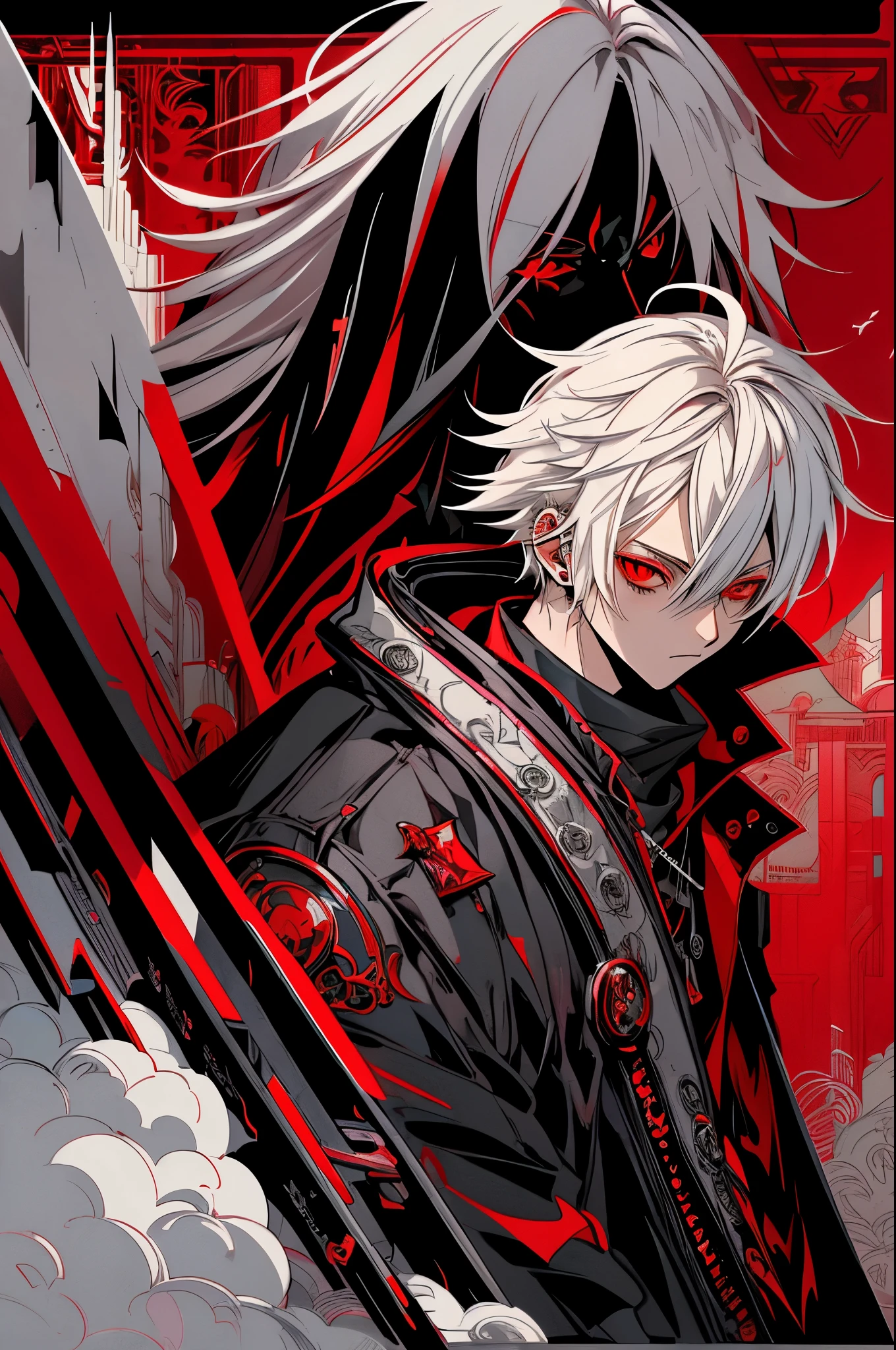 Anime style illustration of a guy with (boy with white hair), (red eyes) (wearing a long black coat), (with open arms), whimsical, JRPG, charming, emotionally, detailed environment, Fantastic, imaginative, visually rich, Atmospheric, Widened, flat lighting, 2D, Cartoon, vector, Art by Mschiffer, best quality, best resolution
