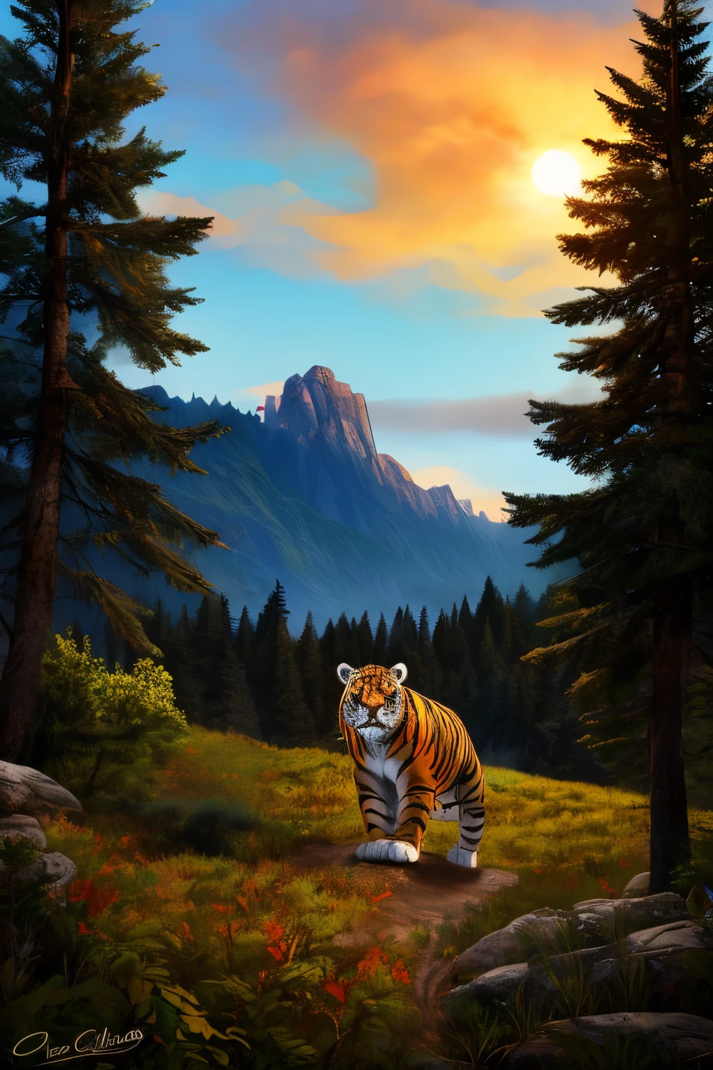 ((La mejor calidad)), ((Obra maestra)), (Detallado), Cara perfecta un tigre de color negro y blanco en un bosque a pleno amanecer