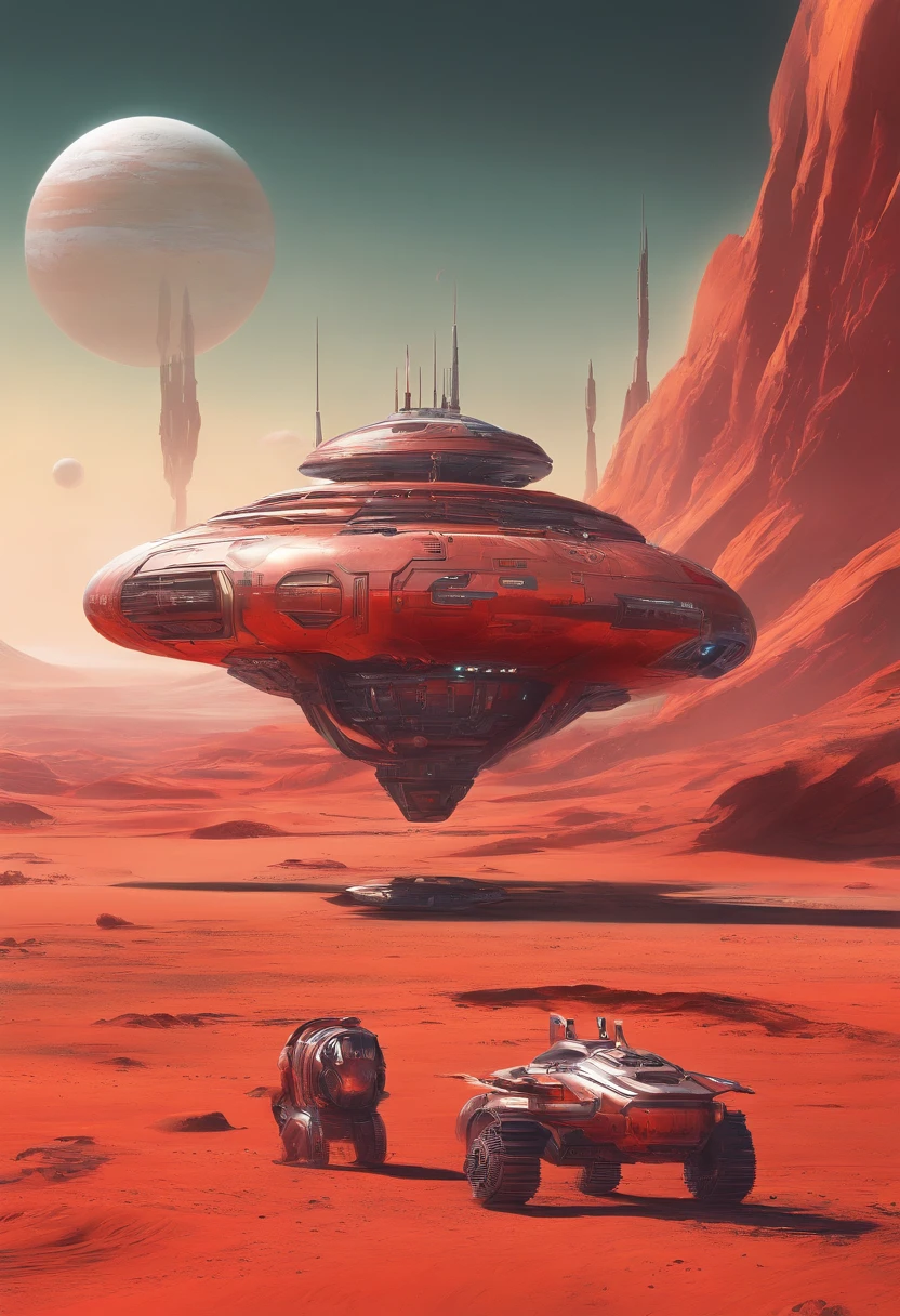 stranded spaceship, deserted red planet, "airbrush art" and warm colors and crome, Alien spaceship and then inspired by Daniel Simon