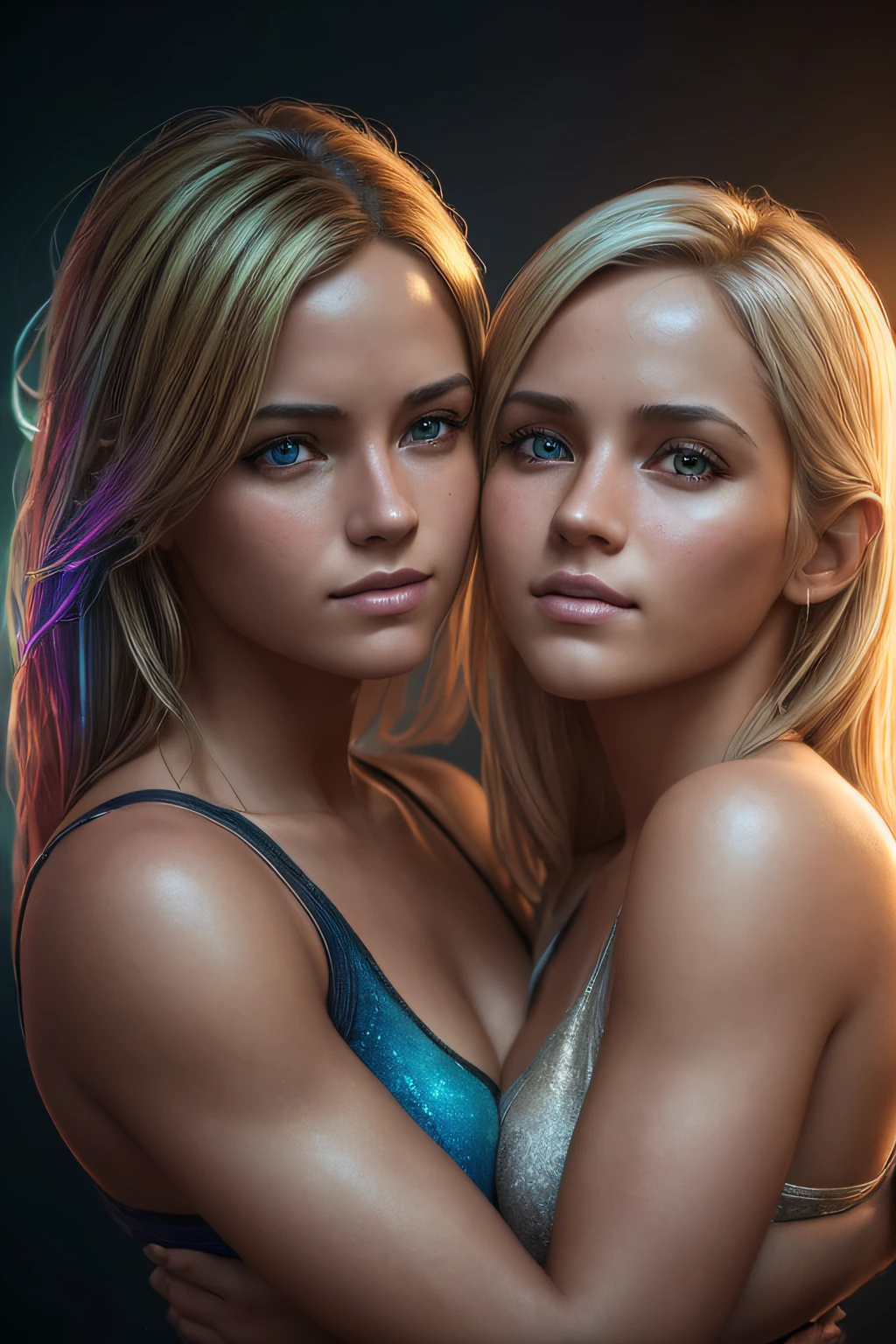 (2girls:1.4), Masterpiece, beautiful German girls, blond, tight hug, very detailed, dramatic lighting, digital art trending on Artstation 8k HD high definition detailed realistic, detailed, skin texture, dancing closely together, in a discotheque, cyberpunk, rainbow colored neon lights everywhere, hyper detailed, realistic skin texture, armature, best quality, ultra high res, (photorealistic:1.4), high resolution, detailed, raw photo, sharp re, by lee jeffries nikon d850 film stock photograph 4 kodak portra 400 camera f1.6 lens rich colors hyper realistic lifelike texture dramatic lighting unrealengine trending on artstation cinestill 800, (smile:0.6)