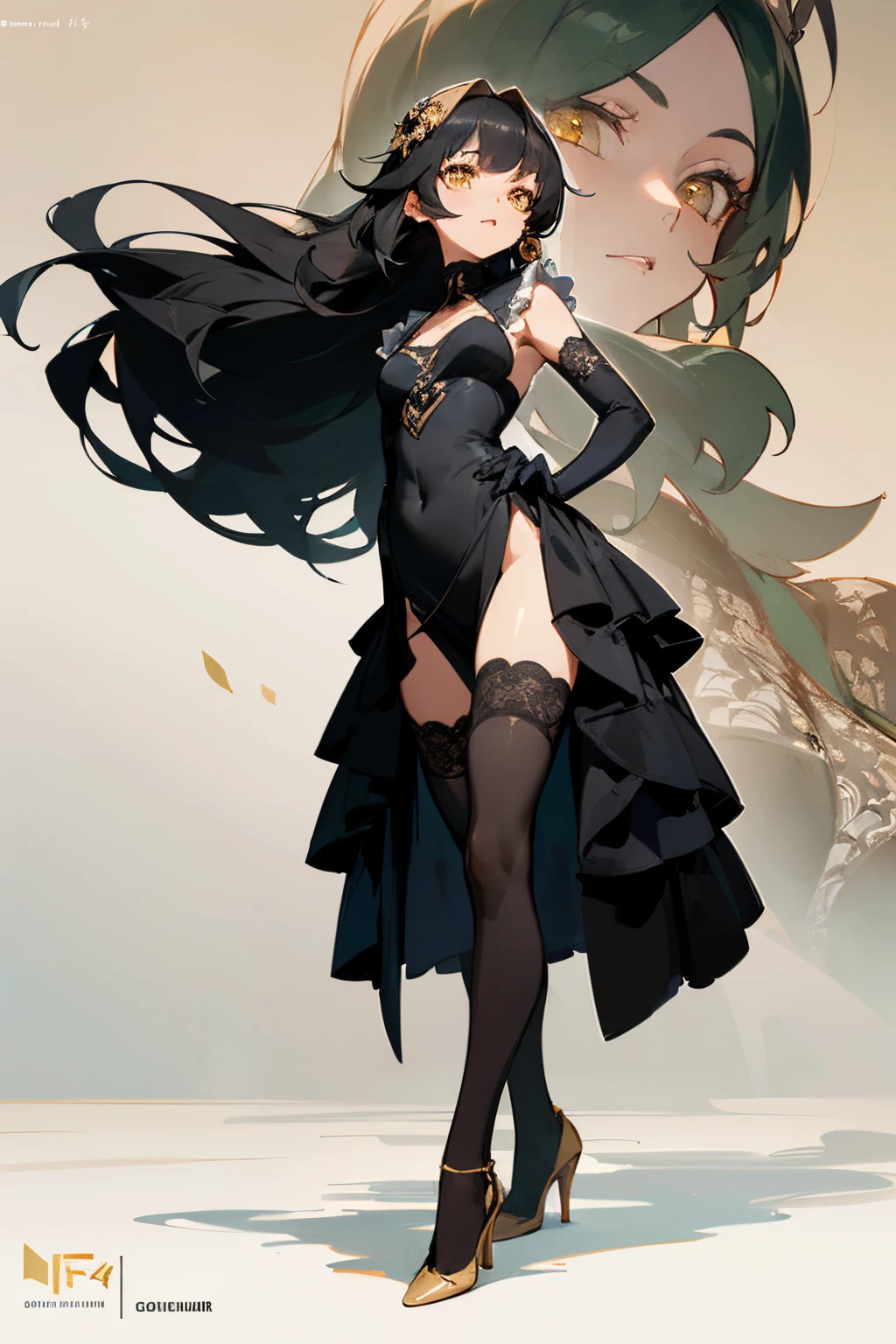 detailed face, detailed golden yellow eyes, angel, perfect hands, from front, 1Girl, r, Young GTeen Girl, A1, Small Brts1Girl, Adult, Mature Female, Average Breasts, sfw, modest, avatar (series), CHAR-F Avatar Series Toph Beifong by Shurik, (black hair:1.2), , gothic lolita intricate (black:1.5) ballgown, , (long frilled elbow gloves, lace thighhighs, high heels:1.15), (hair loose and flowing:1.3), Content, Gentle, standing, shy, at a ballroom
