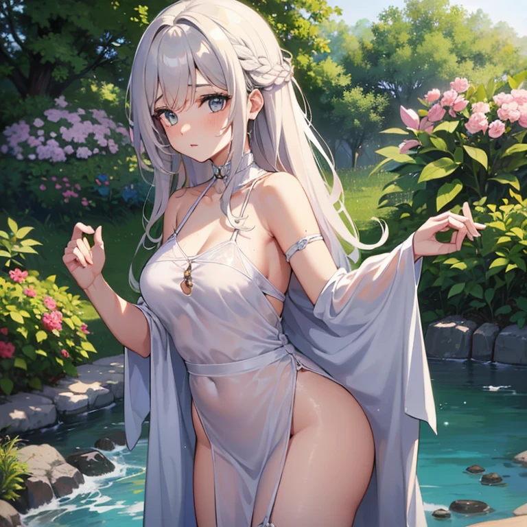 ((1 mulher cobrindo o corpo com uma toalha)),((Wet)),((Seios enormes)),((em uma floresta)),((Olhos fechados, Dormir)),((pelos pubianos muito grandes) ),((Cabelos pretos molhados)),((de frente para o espectador, com as pernas abertas, em uma floresta)),
