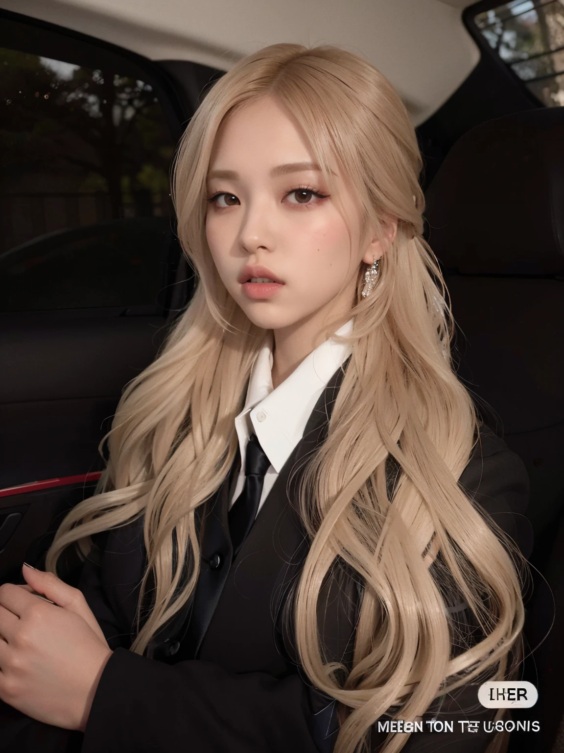 mujer rubia con el pelo largo en un coche con traje y corbata, Ava Max, con cabello largo y rubio, Cabello largo y rubio y ojos grandes, con pelo largo blanco, Cl, con el pelo largo y blanco, Su cabello es blanco, Cabello largo y rubio y ojos grandes, con el pelo rubio muy largo, tiene el pelo rubio, Parque Roseanne de Blackpink, cabello rubio y ojos grandes