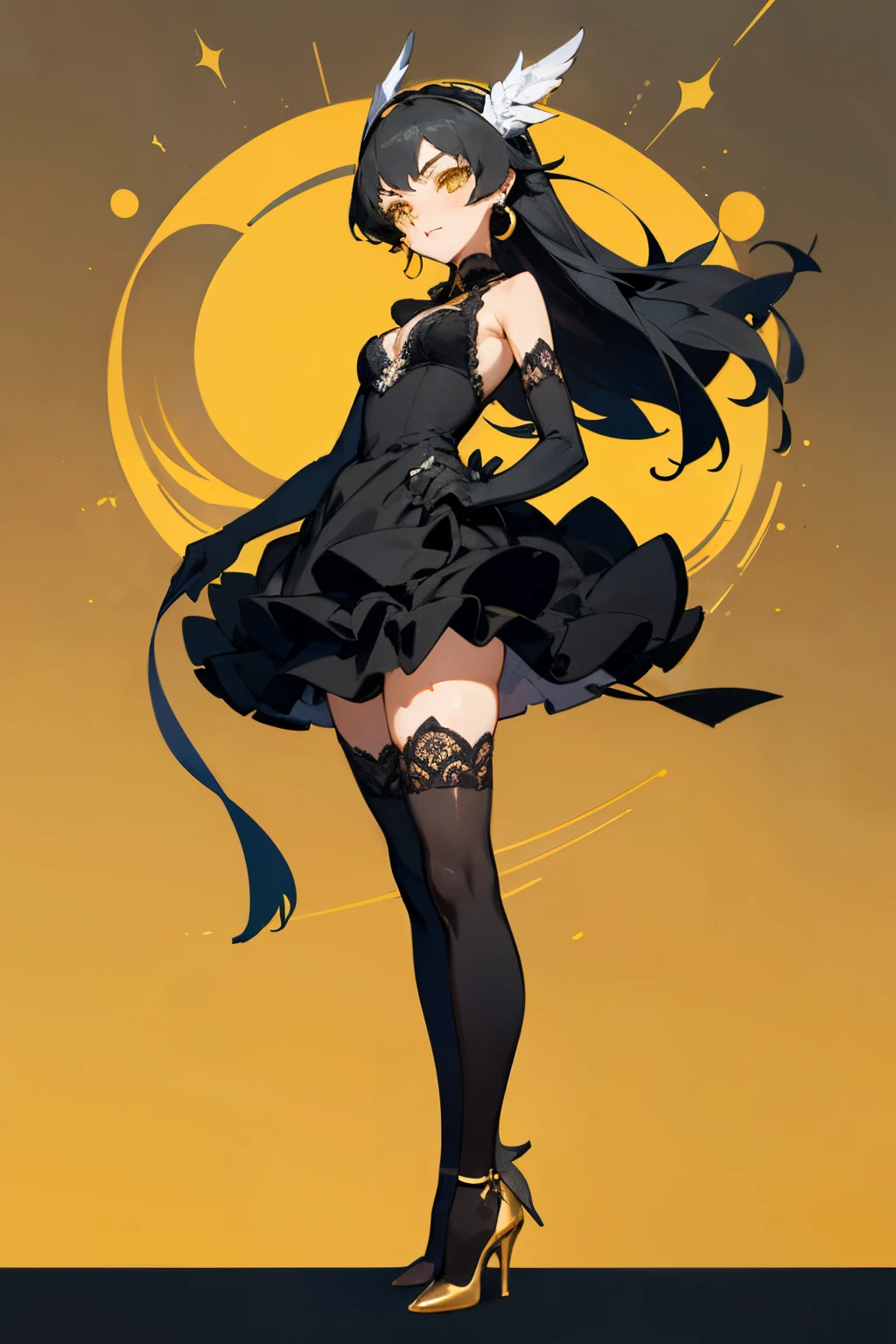 detailed face, detailed golden yellow eyes, angel, perfect hands, from front, 1Girl, Teenager, Young Girl, Teen Girl, Age 21, Small Breasts1Girl, Adult, Mature Female, Average Breasts, sfw, modest, avatar (series), CHAR-F Avatar Series Toph Beifong by Shurik, (black hair:1.2),  , gothic lolita intricate (black:1.5) ballgown, , (long frilled elbow gloves, lace thighhighs, high heels:1.15), (hair loose and flowing:1.3), Content, Gentle, standing, shy, at a ballroom