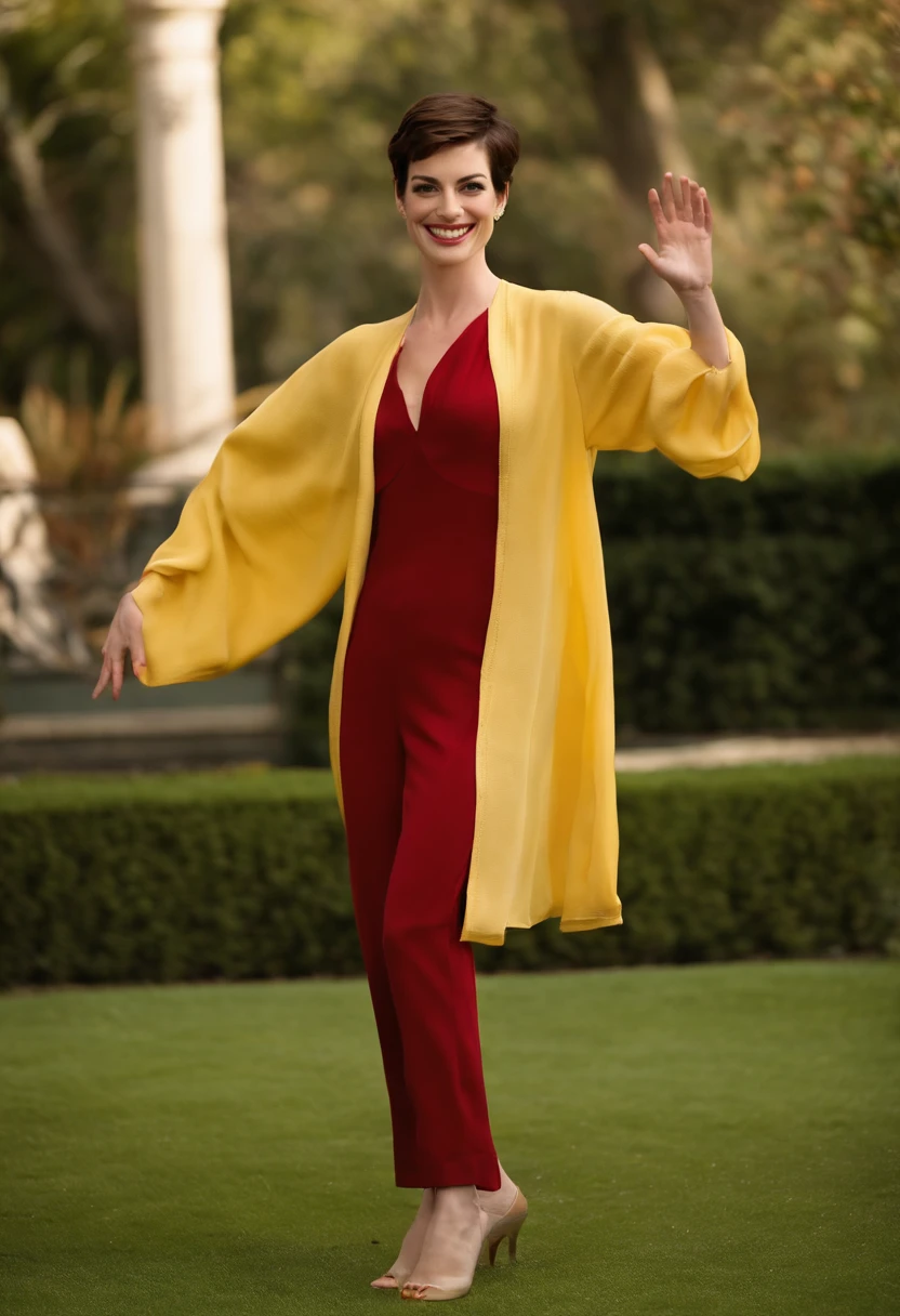 A photo of Anne Hathaway practicing Tai Chi in a peaceful garden,original,She stands approximately 5'8" tall and has a slim physique. She is known for her large, expressive brown eyes and a radiant smile featuring prominent, well-aligned teeth.
Hathaway has a fair complexion and, often, sports dark brown hair, although she has showcased various hair colors and styles through different roles in films, such as short-cropped hair for "Les Misérables" and longer, wavy styles for movies like "The Devil Wears Prada."
Her sense of style is often sophisticated and chic, reflecting in her choices for red carpet appearances. She is frequently lauded for her fashion choices which range from modern, edgy ensembles to more classic, timeless pieces.