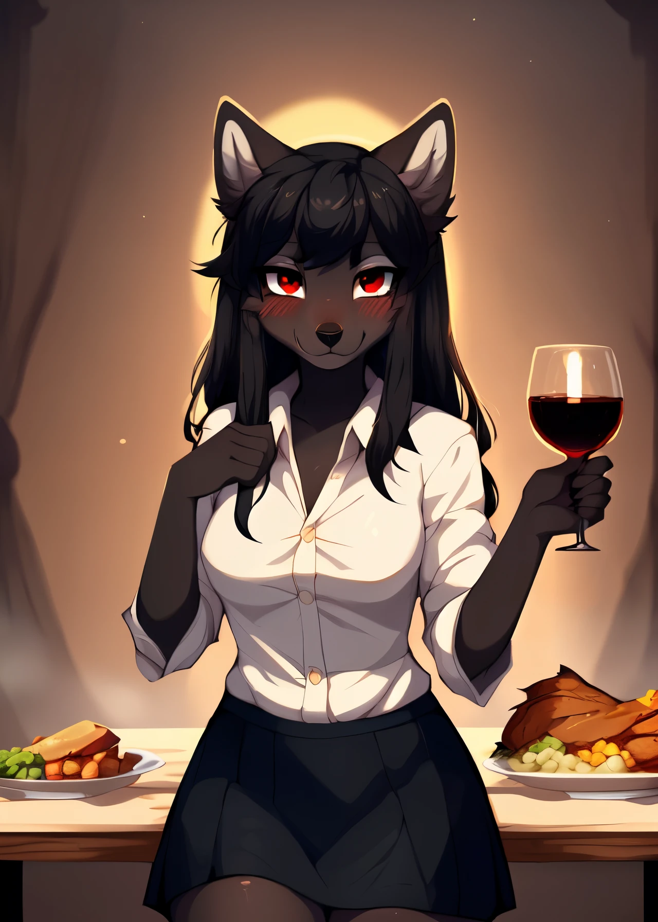 uploaded on e621, (by Studio Ghibli, by Kemokin Mania, by Reysi, by Mewgle, by Trevart:1.25),
solo ((Natasha, dark grey anthro furry wolf, long black hair, red eyes, smiling softly, wearing white button up shirt, black skirt, holding a glass of red wine, blushing)), table of roasted turkey, thanksgiving turkey dinner in front of her, delicious looking turkey,
(, looking at viewer)
masterpiece, best quality, 4k, 2k, shaded, (unreal engine:1.25), absurd res