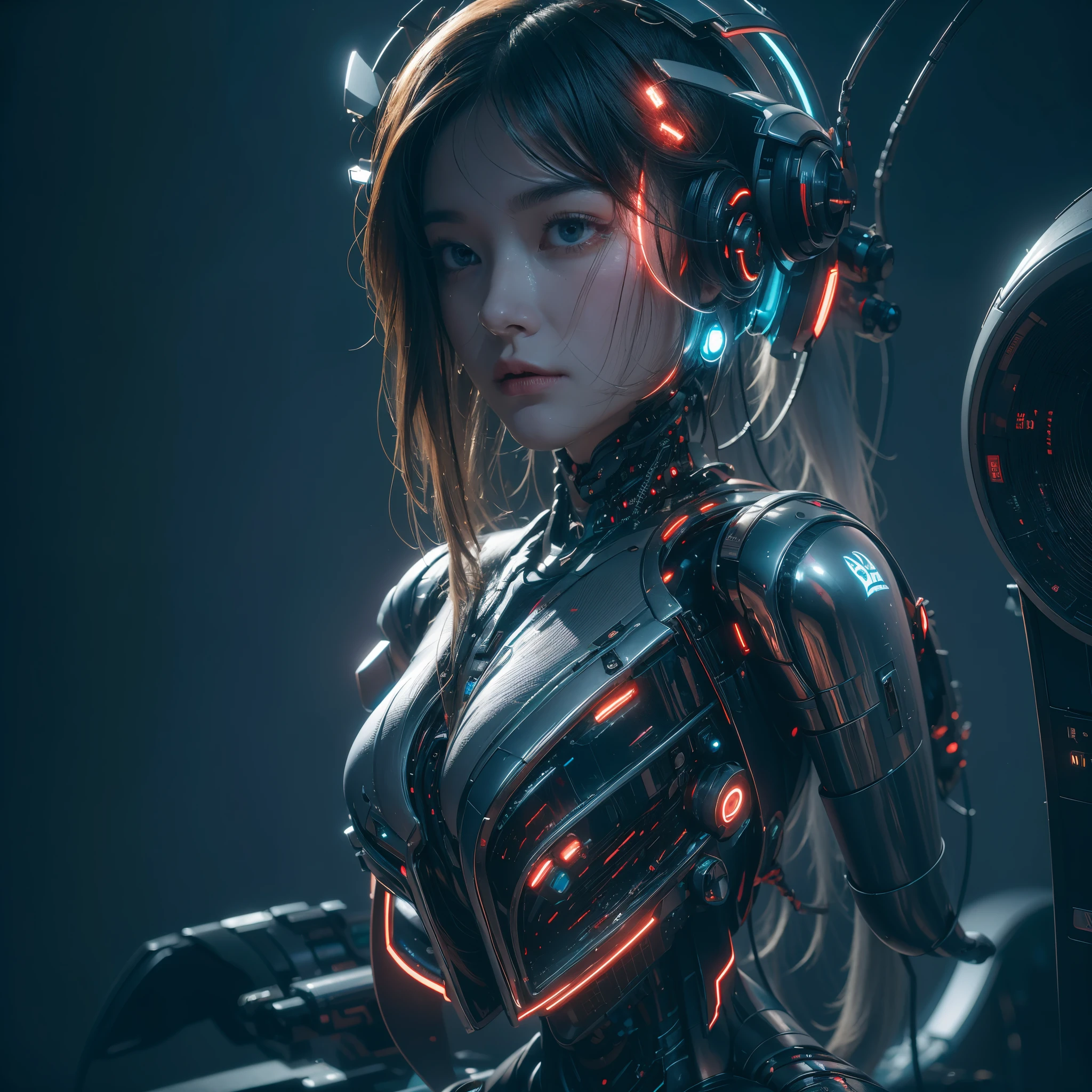 "A fascinating and ethereal representation of a cyborg immersed in a dynamic whirlwind of digital data..."