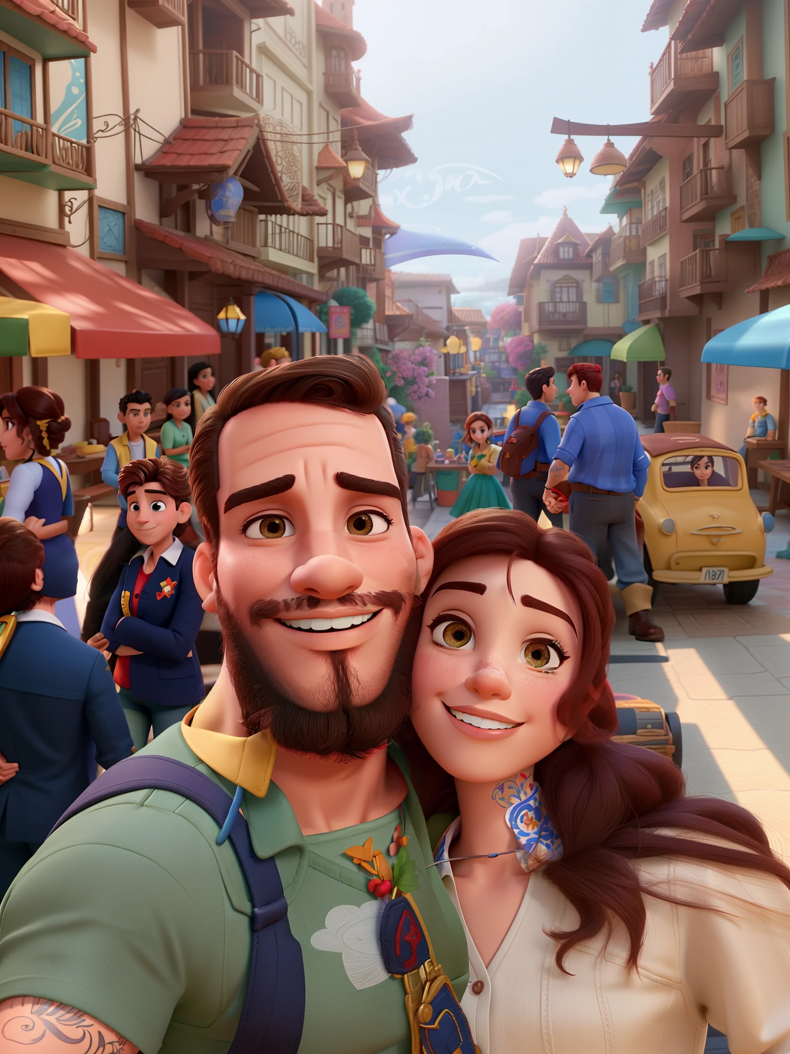 Casal (homem moreno e mulher branca) no estilo Disney Pixar, alta qualidade, melhor qualidade.